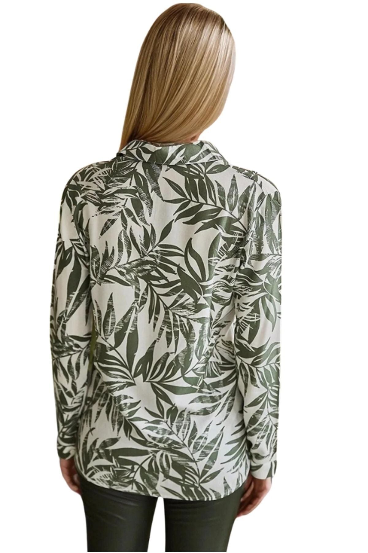 Amelia Women's Viscose Long Sleeve Button-Up Shirt - Green Leaf Print