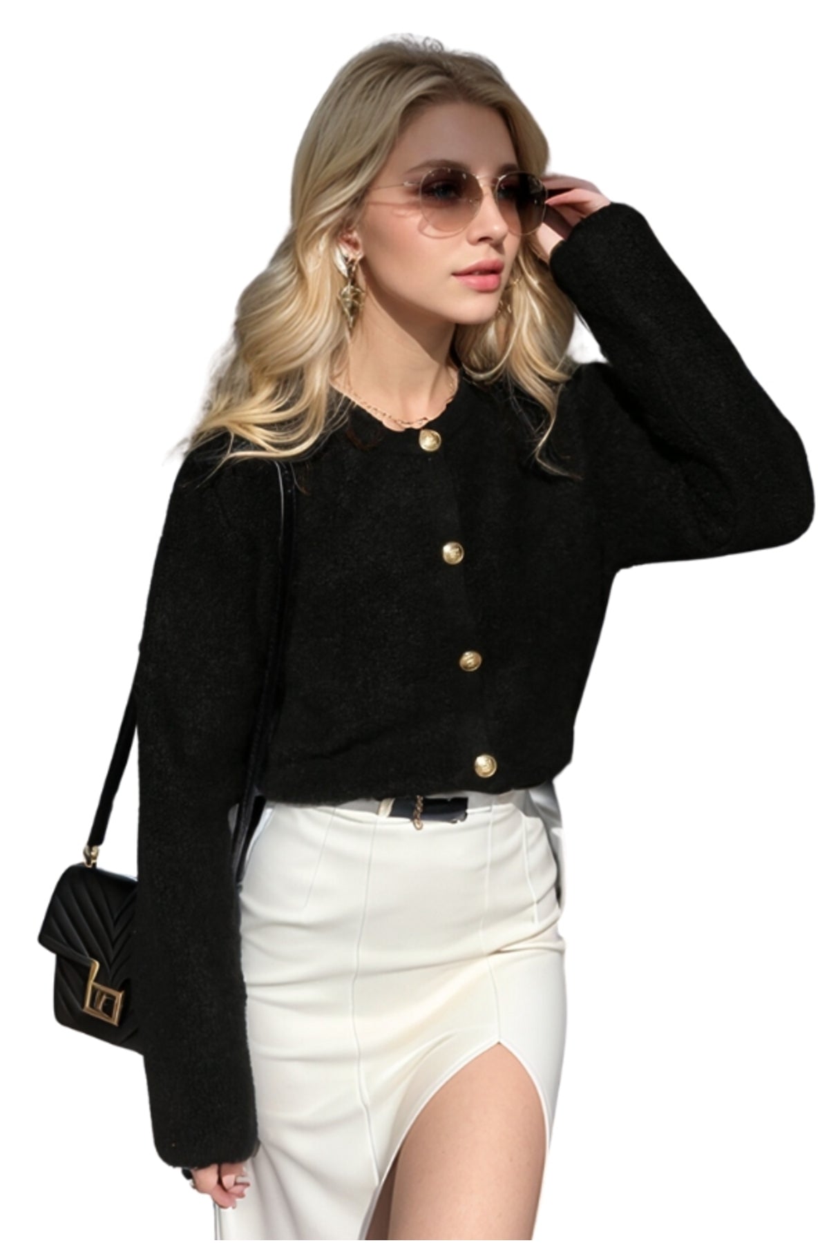 Kayla Women's Gold-Tone Button Teddy Cardigan - Black