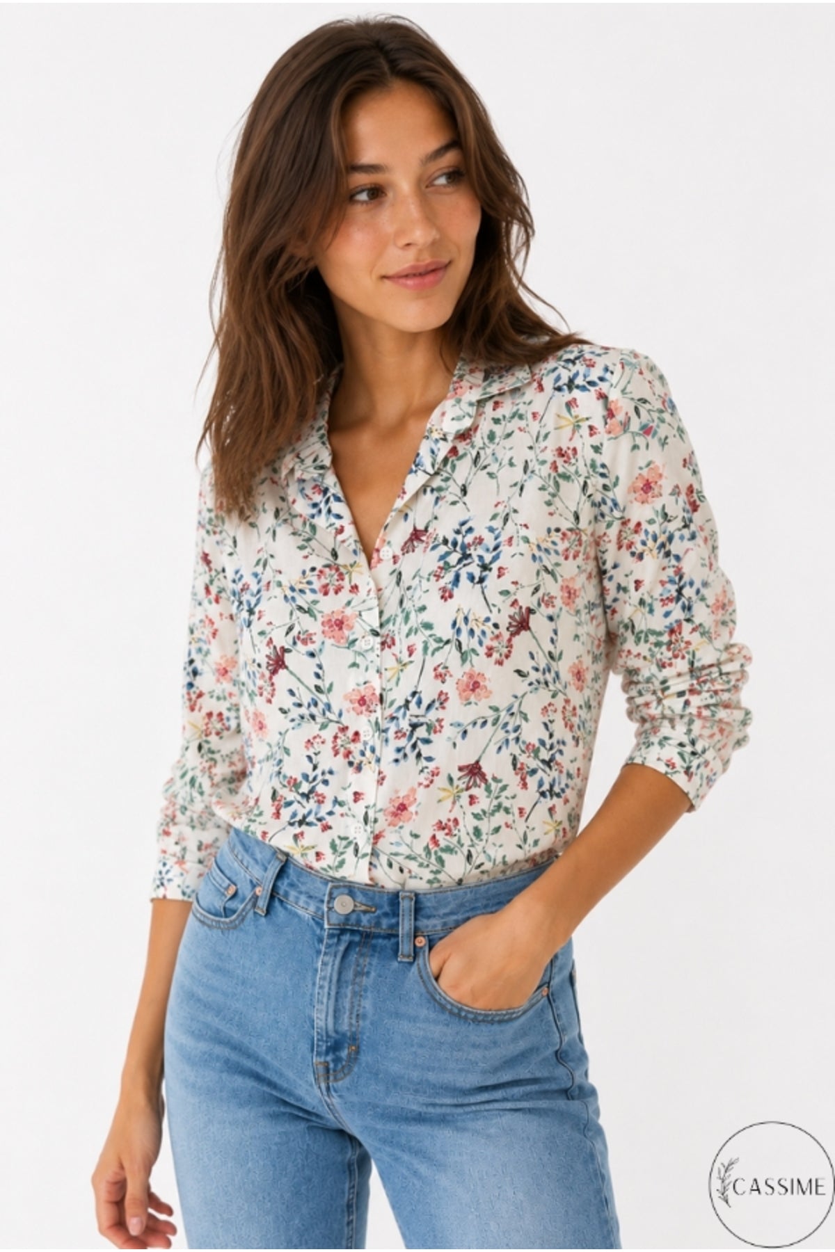 Amelia Women's Viscose Long Sleeve Button-Up Shirt - Mini Pink Floral