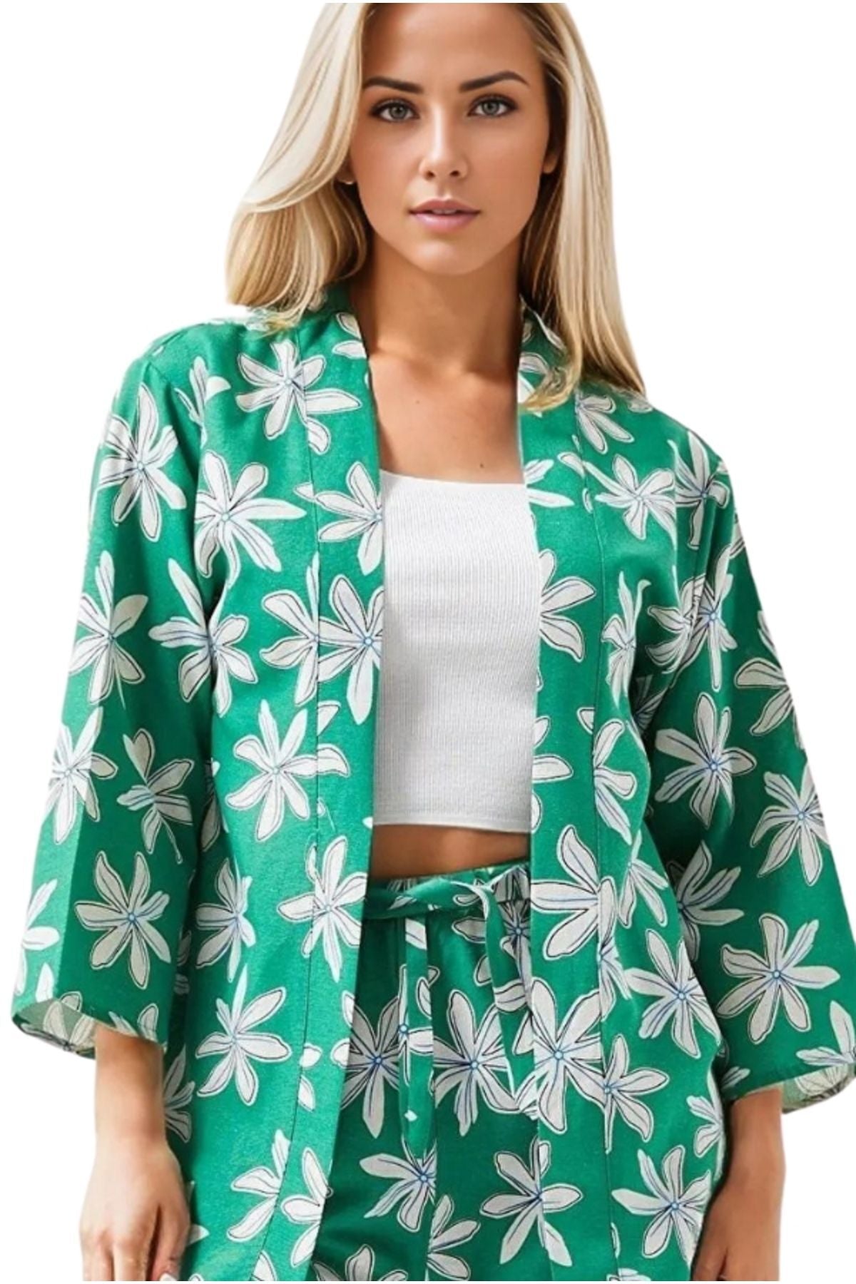 Catherine Women's Linen-Viscose Blend Relaxed Fit Kimono - Green Floral