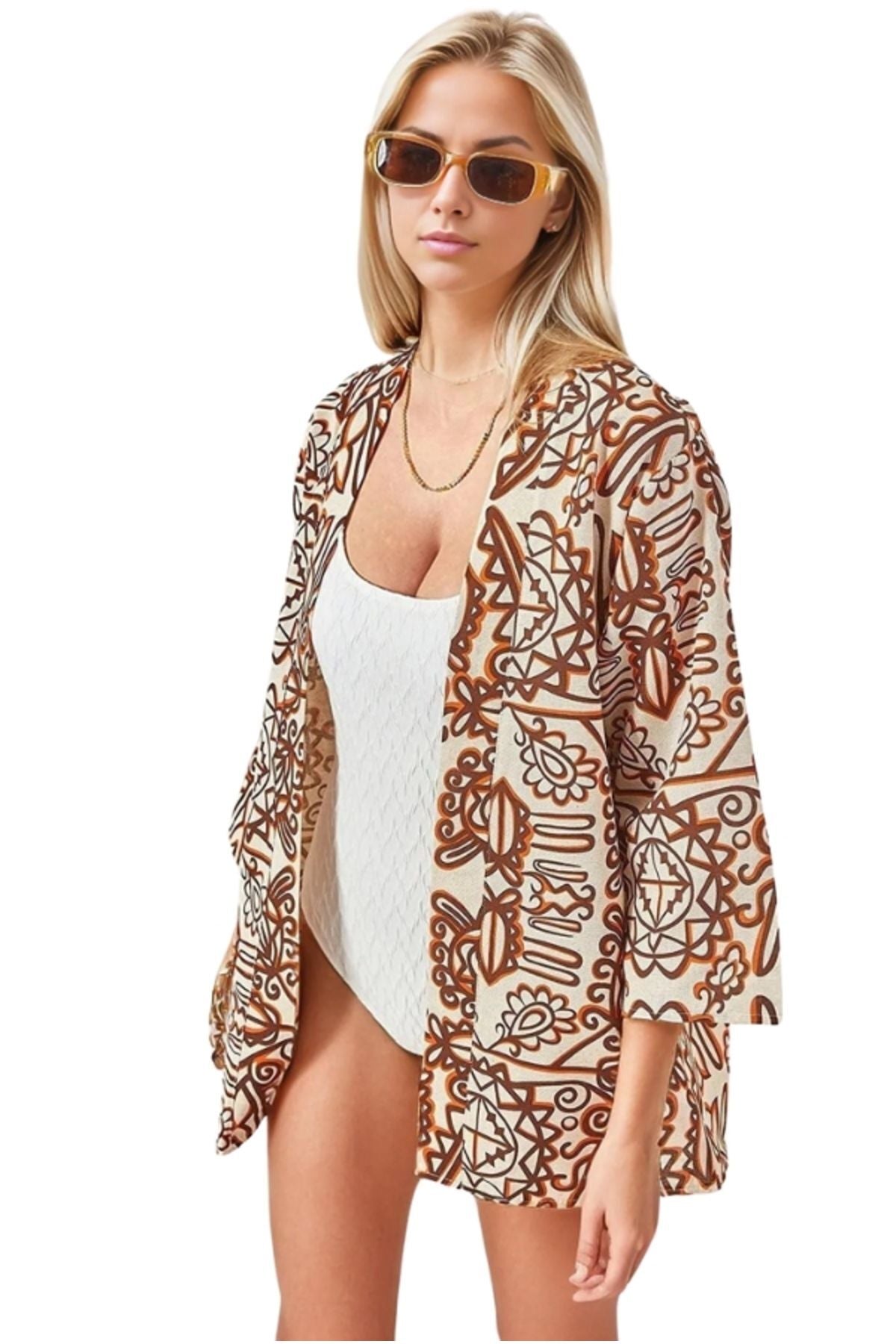 Catherine Women's Linen-Viscose Blend Relaxed Fit Kimono - Brown Boho Print