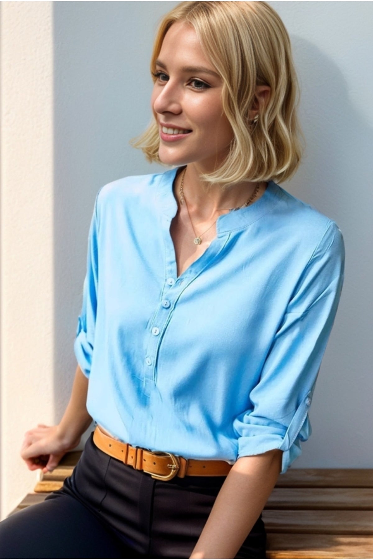 Cora Women's Viscose Mandarin Collar Roll-Sleeve Blouse - Turquoise
