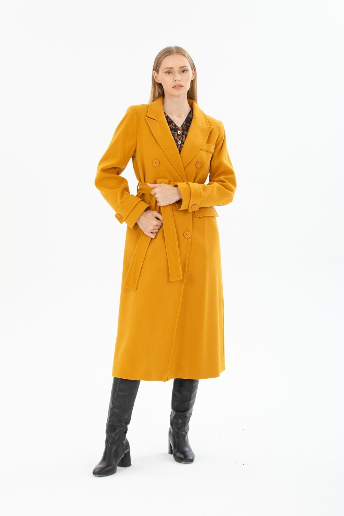 Belinda Women's Belted Notched Collar Coat - Mustard - product image 2