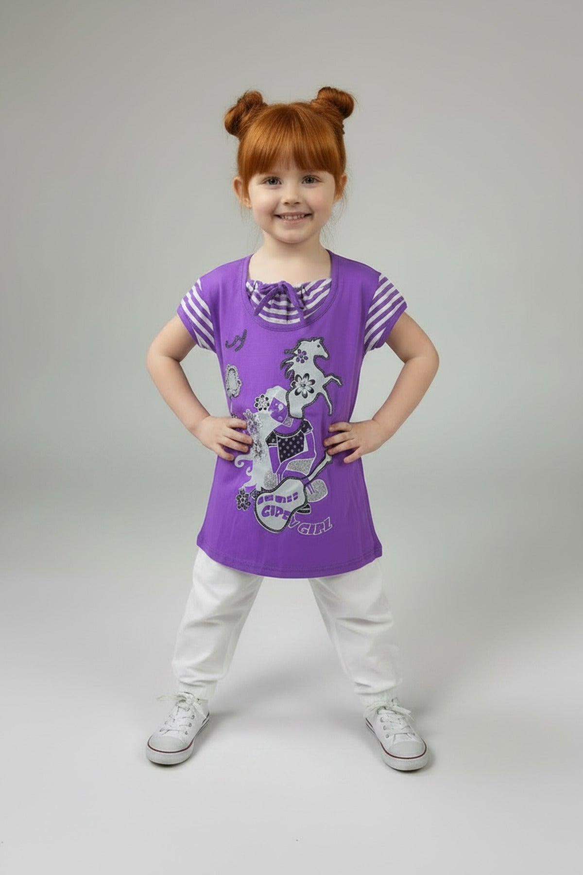 Adelia Girls' Striped Strappy T-Shirt - Purple Gray Stripe - product image 1