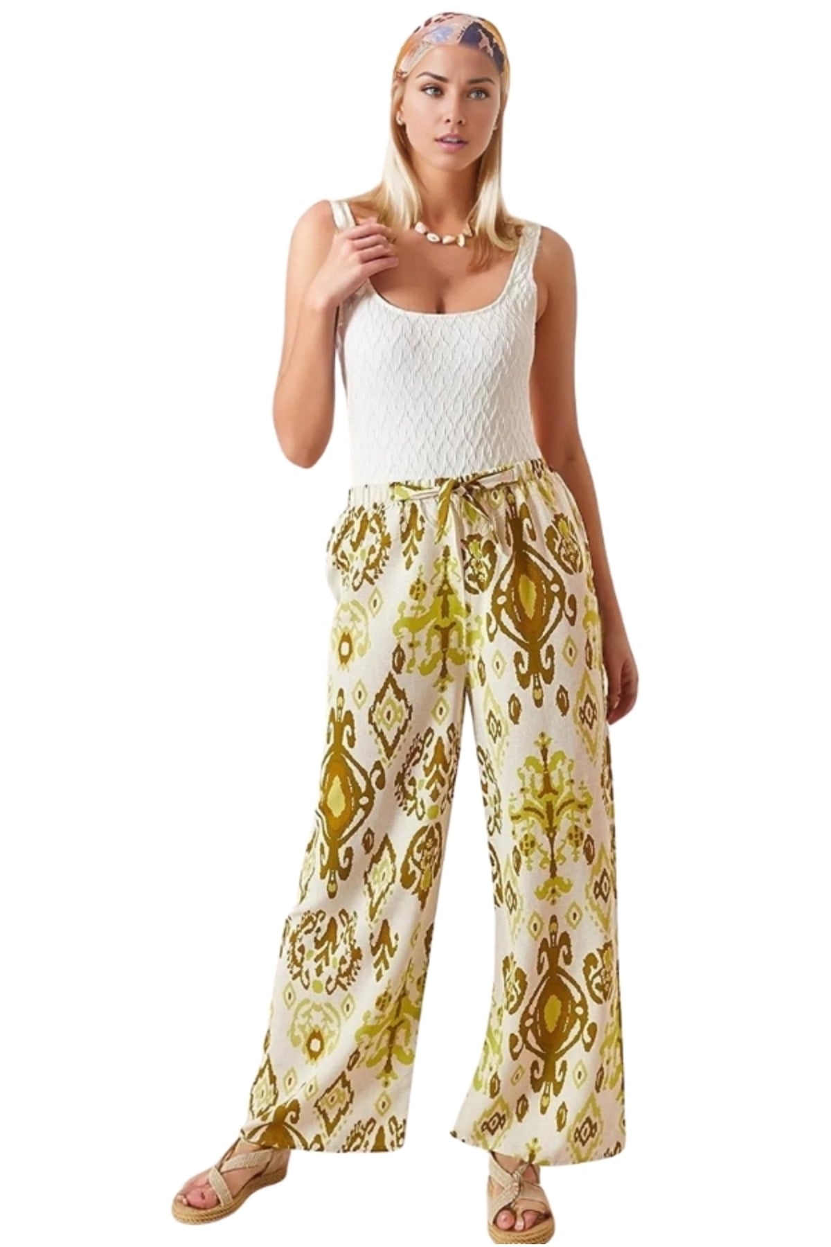 Lucy Women's Linen-Viscose Blend Wide Leg Palazzo Pants - Yellow Boho Print