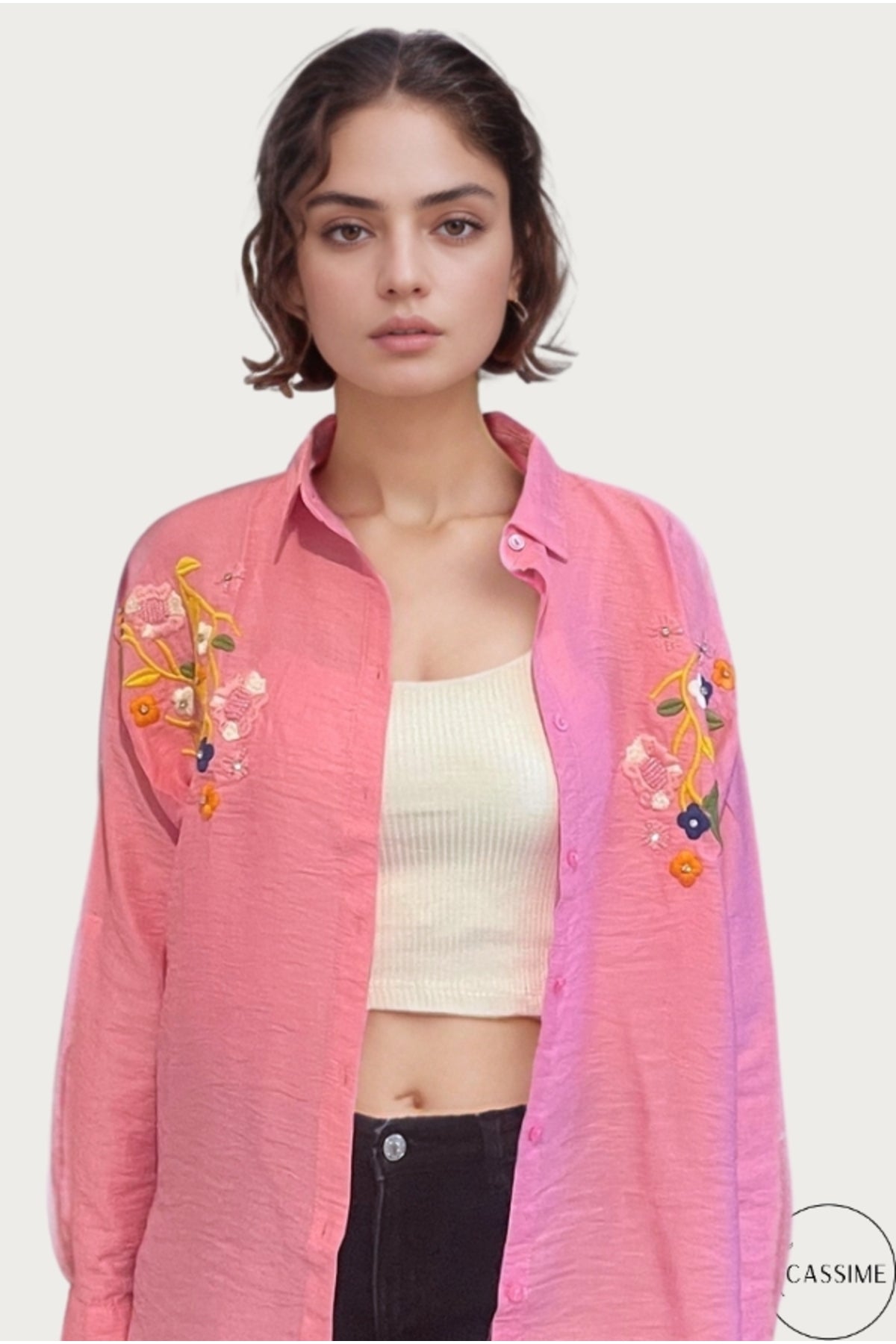 Claire Women's Floral Embellished Button-Up Shirt - Candy Pink Floral Embroidery