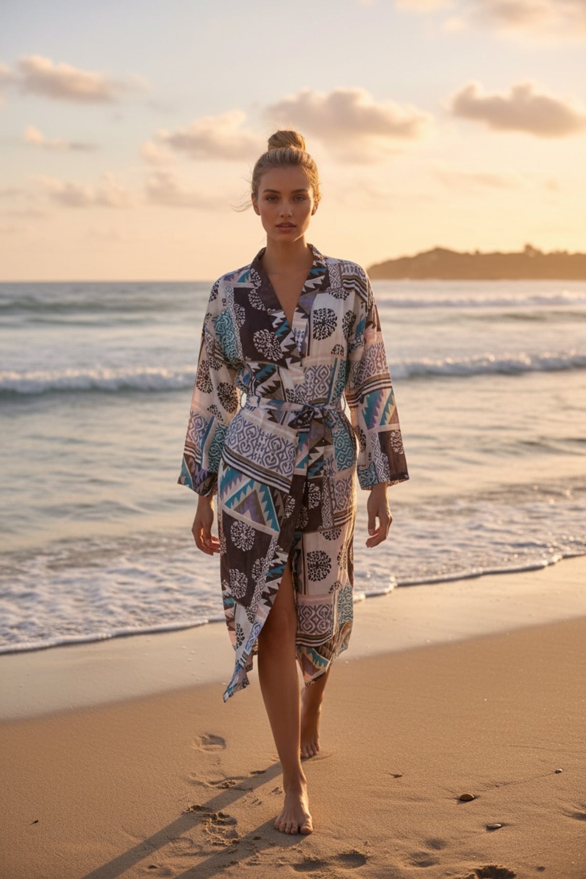 Adele Women's Belted Kimono - Brown Ethnic Print - product image 1