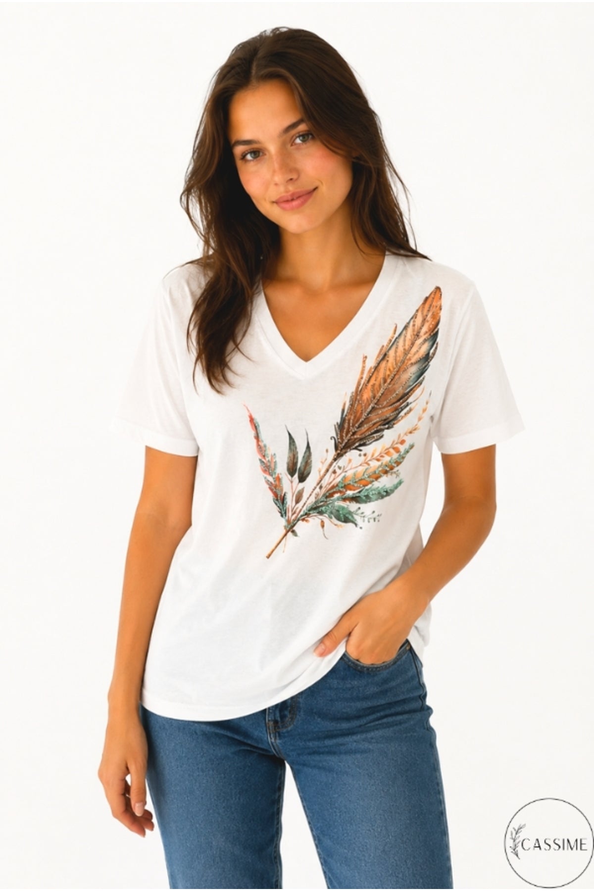 Olivia Women's Plus Size Embellished V-Neck T-Shirt - White with Leaf Shoulder Sequins
