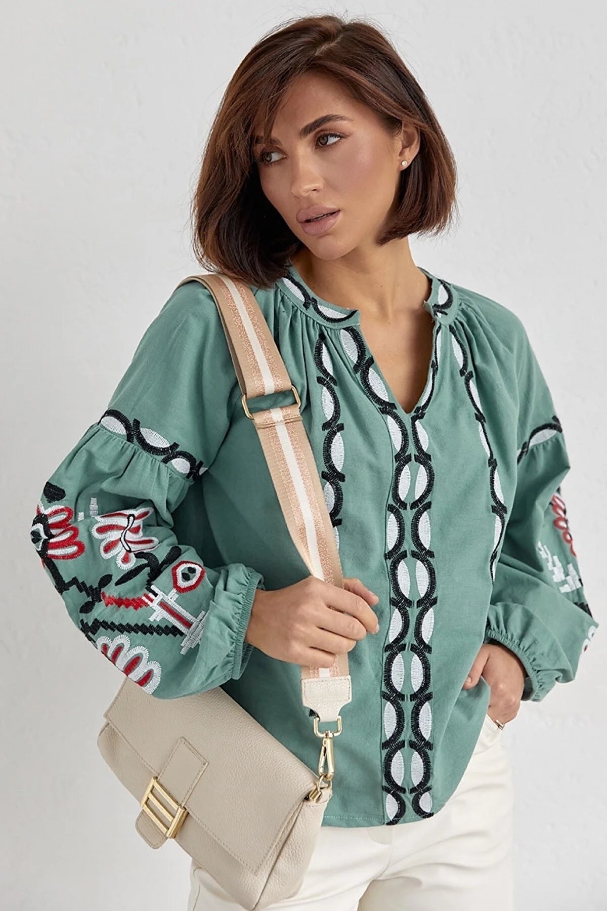 Rosa Women's Cotton Embroidered Long Sleeve Tie Blouse - White with Light Green Embroidery