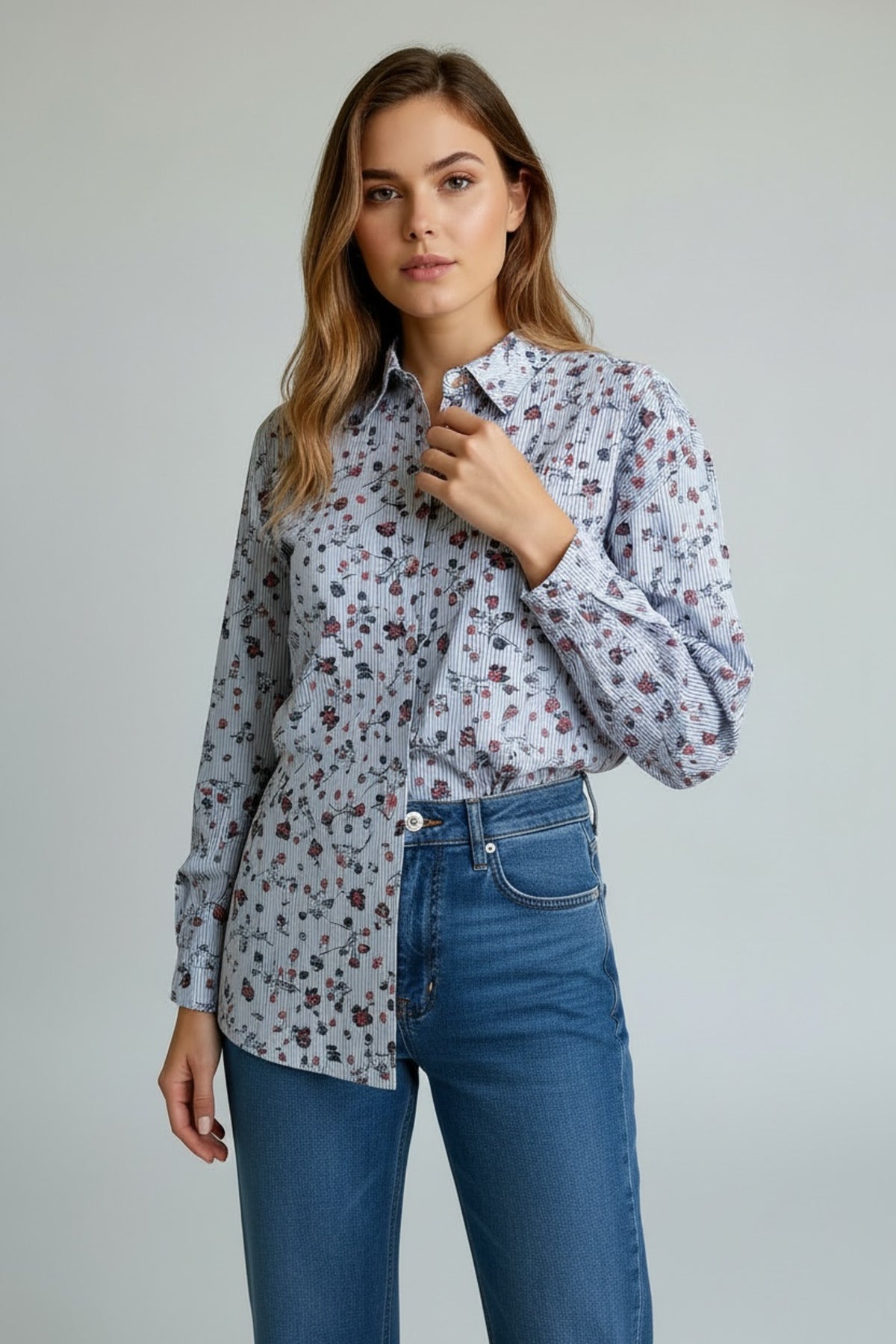 Amy Women's Striped Floral Poplin Shirt - Blue Floral - product image 1