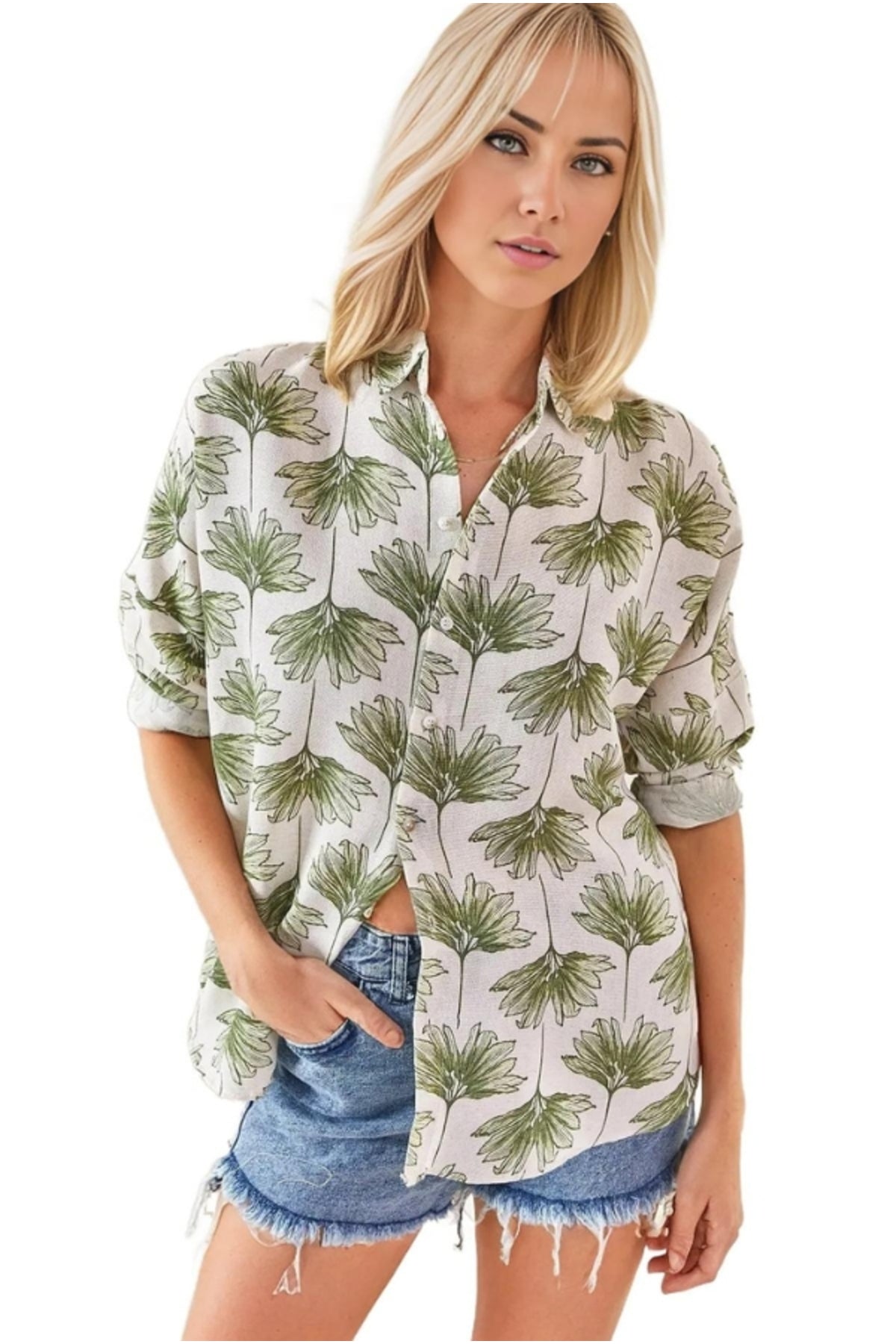 Emilia Women's Linen-Viscose Blend Oversized Printed Shirt - Green Ginkgo