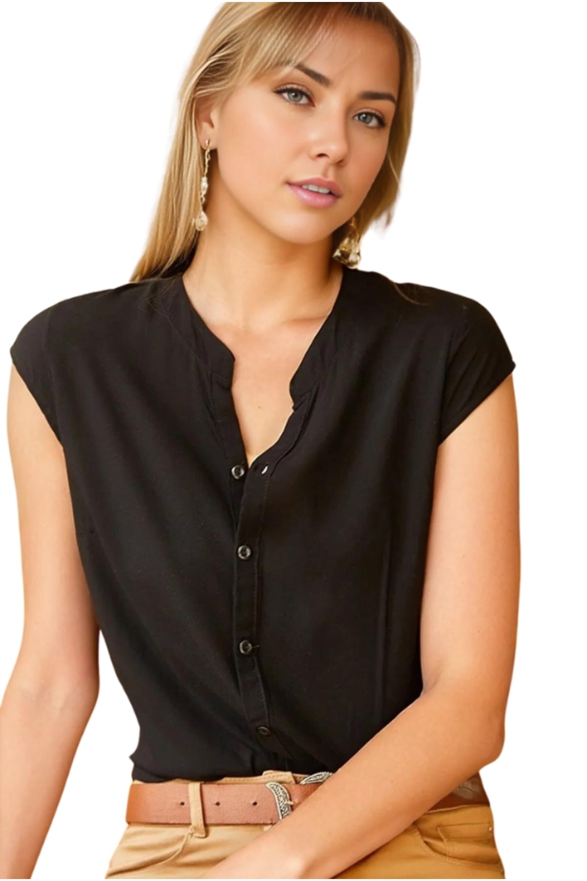 Joy Women's V-Neck Short Sleeve Button-Up Shirt - Black