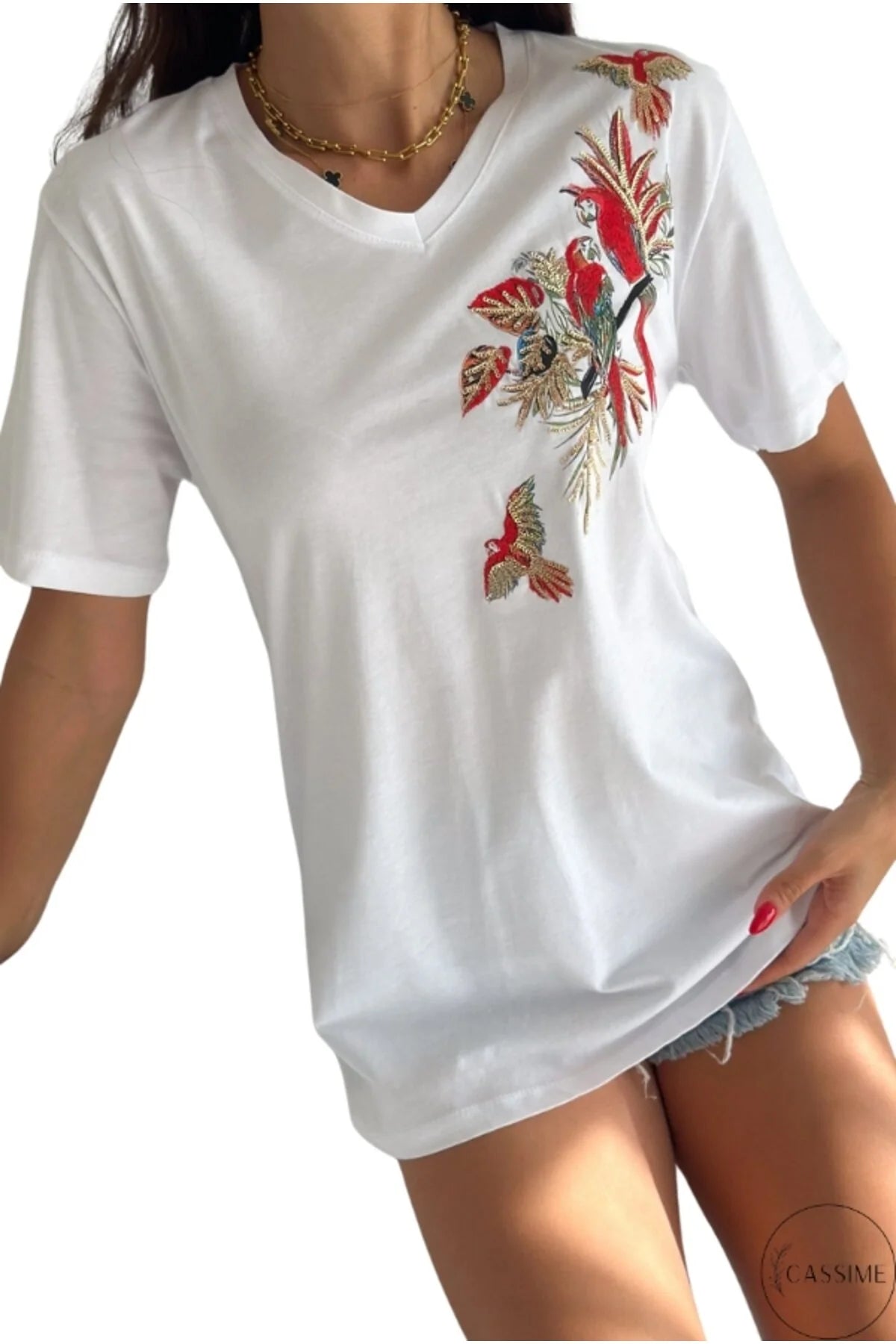 Camiseta de algodón Tilda con diseño floral de loros blancos