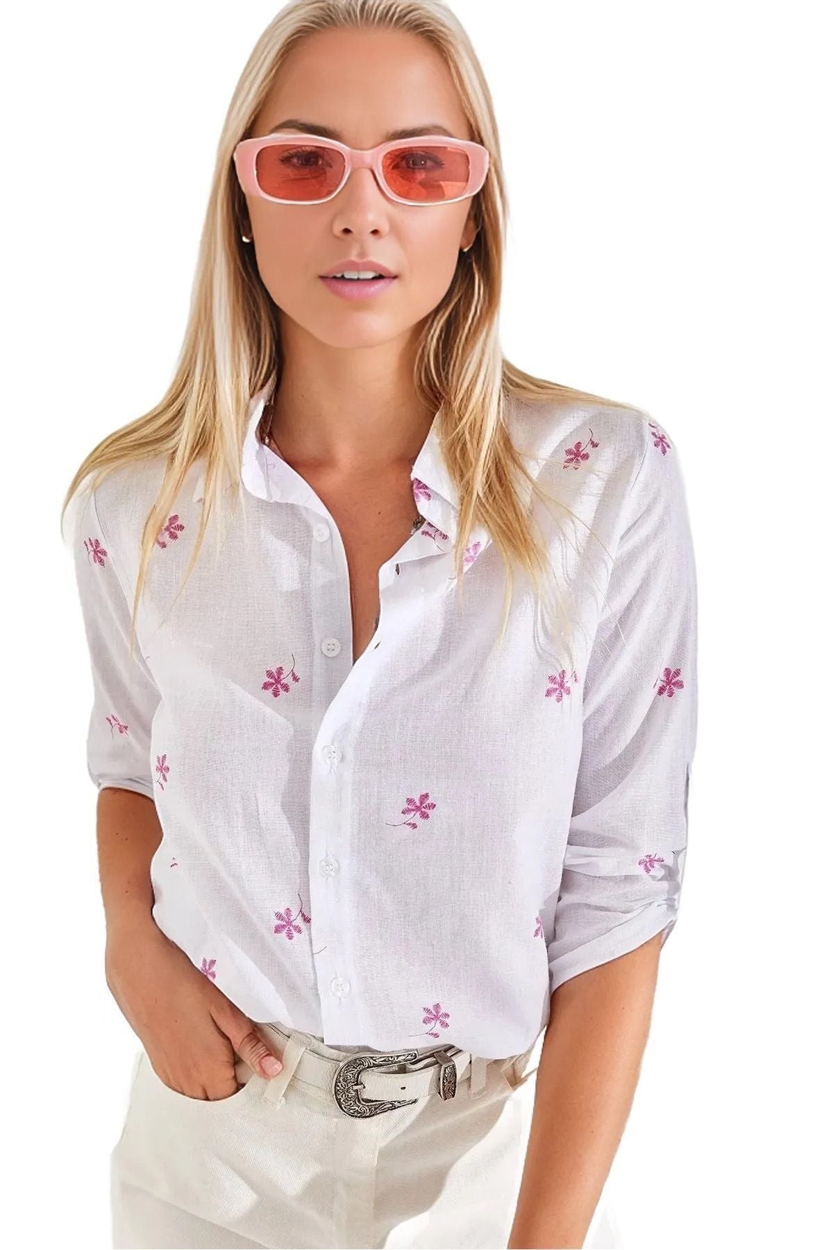 Robyn Women's Cotton Blend Roll-Sleeve Button-Up Shirt - Pink Mini Floral