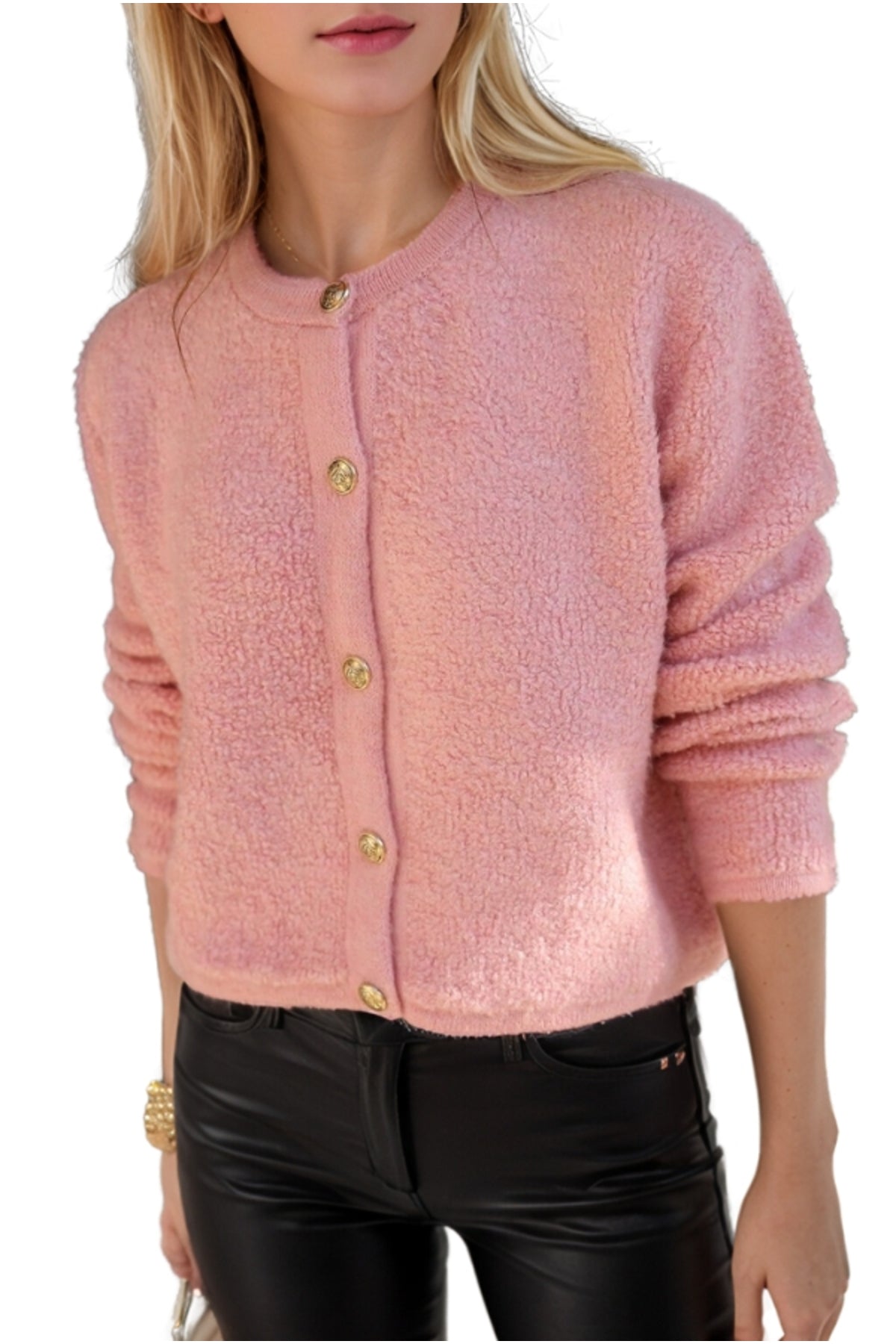 Kayla Women's Gold-Tone Button Teddy Cardigan - Pink