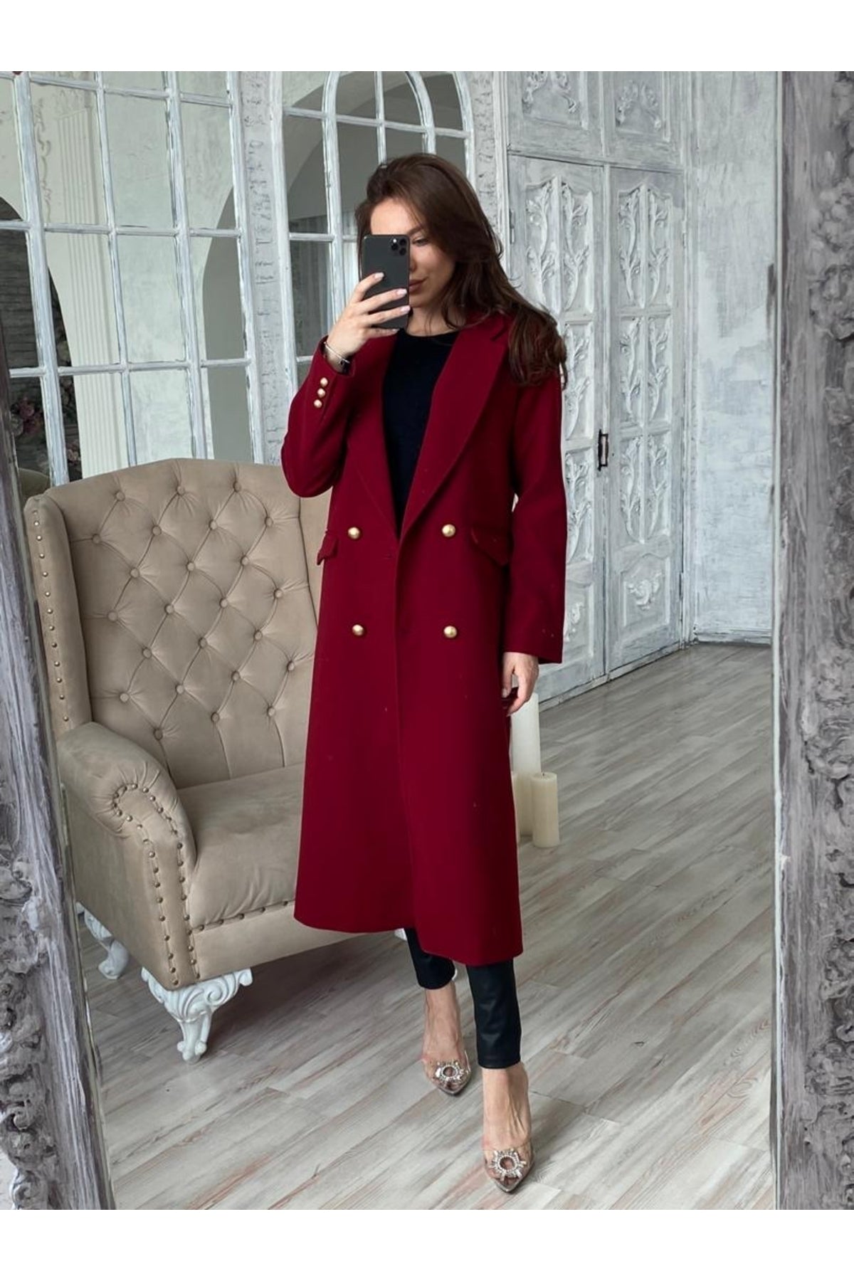 Ariadne Women's Long Button Front Coat - Burgundy - product image 5