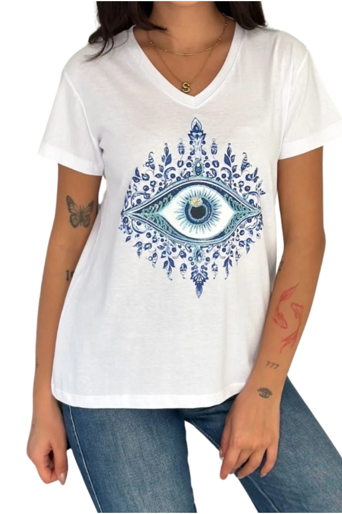 Olivia Women's Cotton Plus Size Embellished V-Neck T-Shirt - White with Blue Evil Eye Print