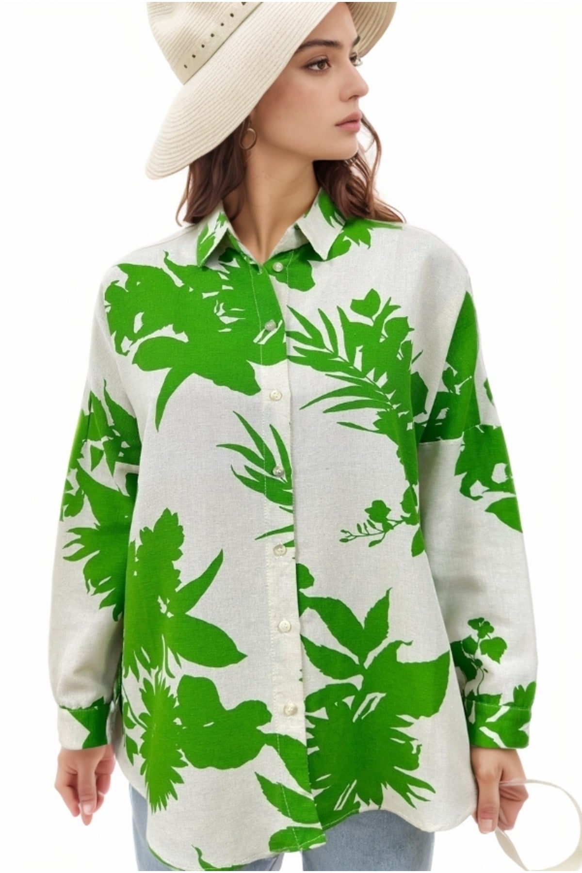 Emilia Women's Linen-Viscose Blend Oversized Printed Shirt - Green Leaf Floral