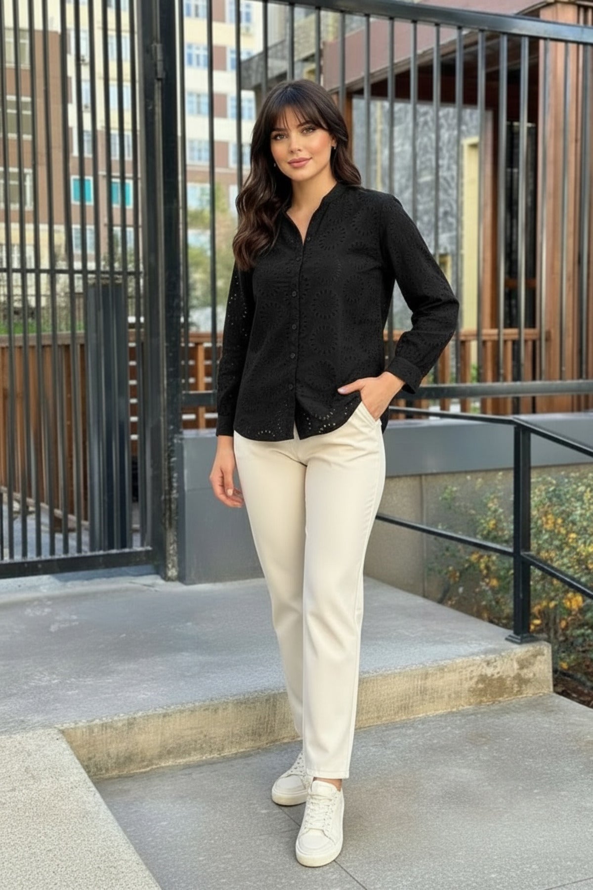 Isla Women's Cotton Embroidered Relaxed Fit Shirt - Black