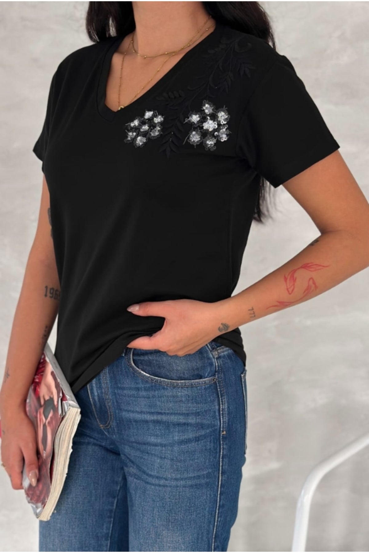 Olivia Women's Cotton Plus Size Embellished V-Neck T-Shirt - Black with Shoulder Sequins