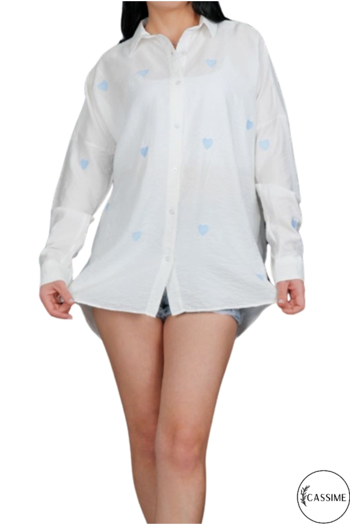 Delilah Women's Cotton Oversized Embellished Long Sleeve Shirt - Ecru with Blue Heart Embroidery