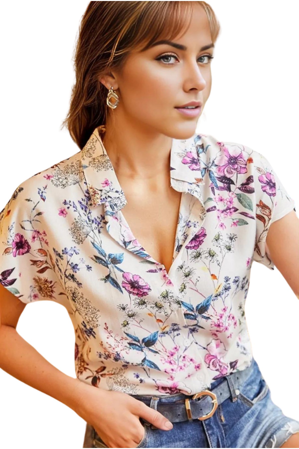 Charlotte Women's Short Sleeve Batwing Shirt - Purple Flower