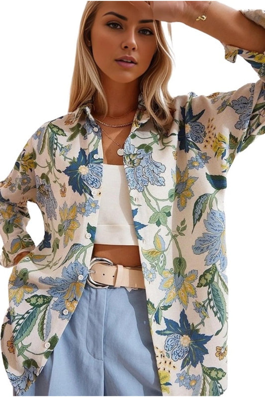 Emilia Women's Linen-Viscose Blend Oversized Printed Shirt - Light Blue and Green Floral