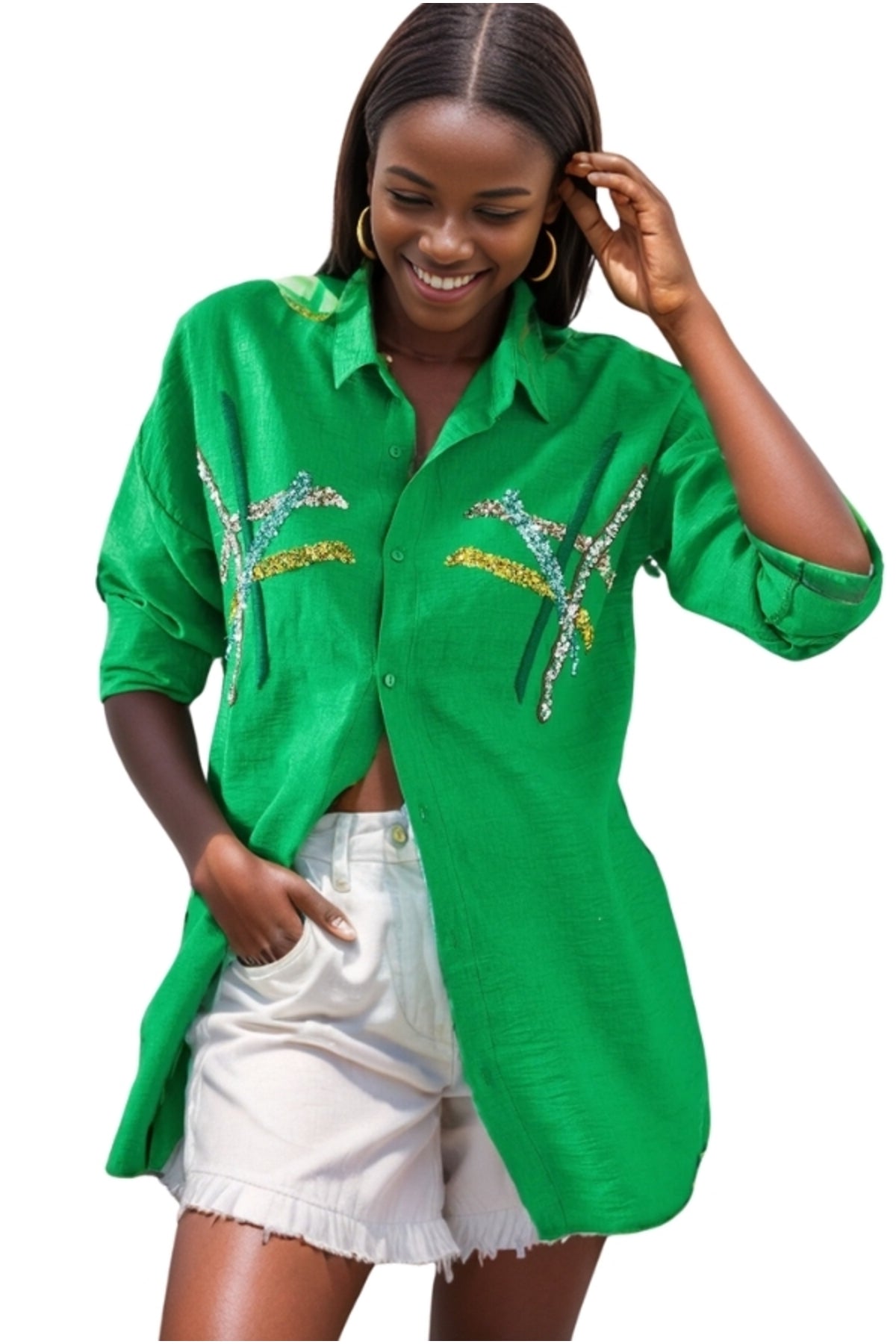 Natasha Women's Embroidered Oversized Shirt - Grass Green Print