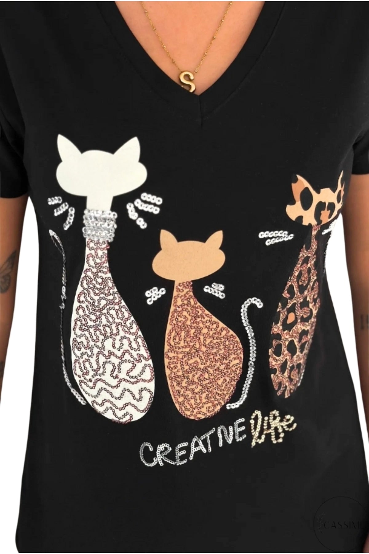 Sophie Women's Cotton Embellished V-Neck T-Shirt - Black Three Cats Print