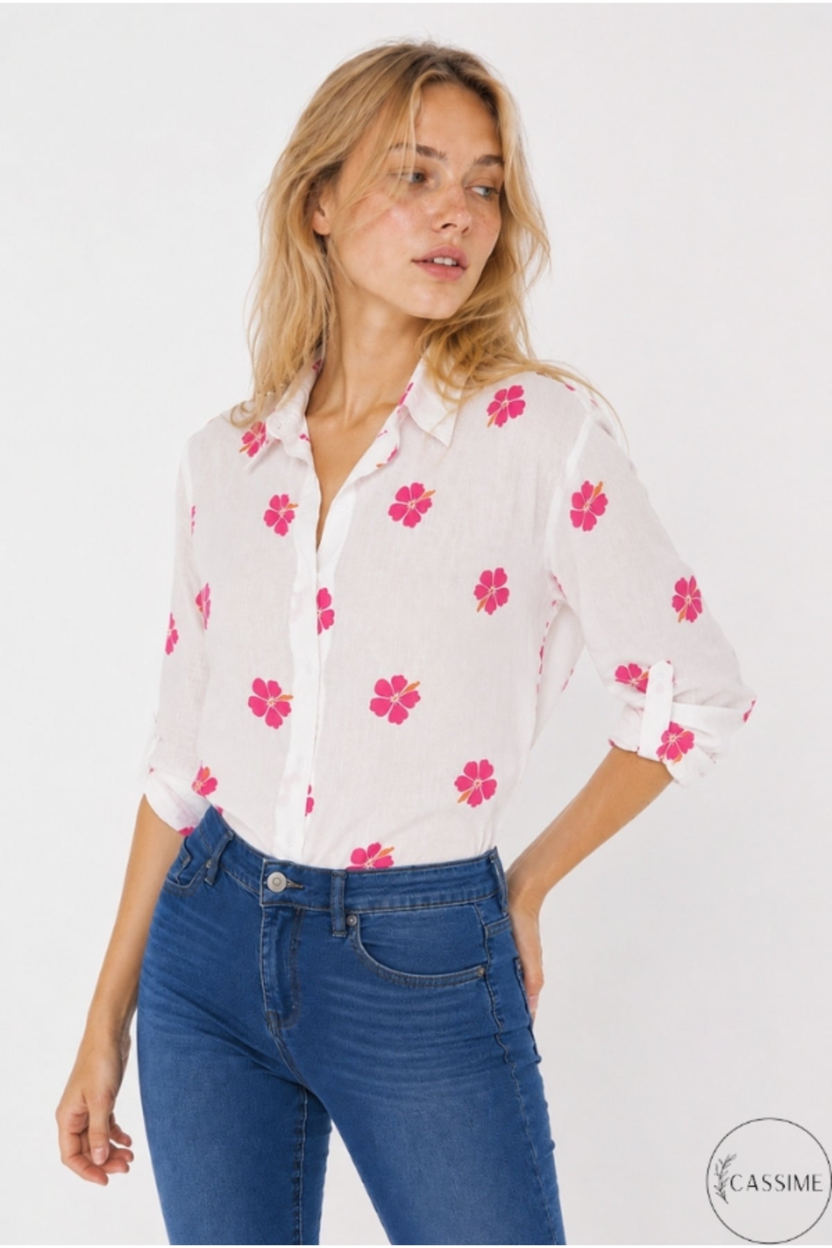 Robyn Women's Linen-Viscose Blend Roll-Sleeve Button-Up Shirt - Pink Clover