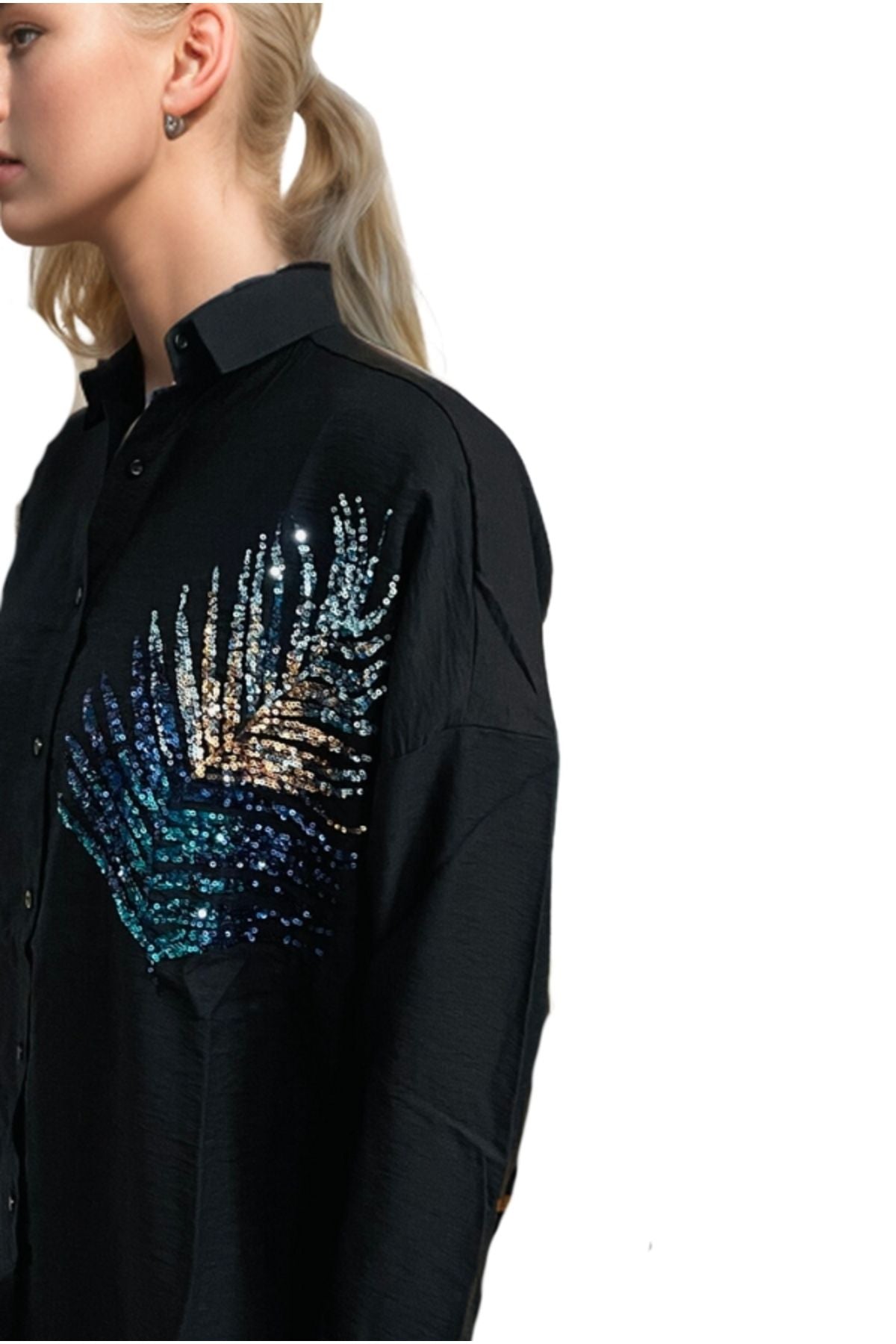 Delilah Women's Linen Oversized Embellished Long Sleeve Shirt - Black Leaf