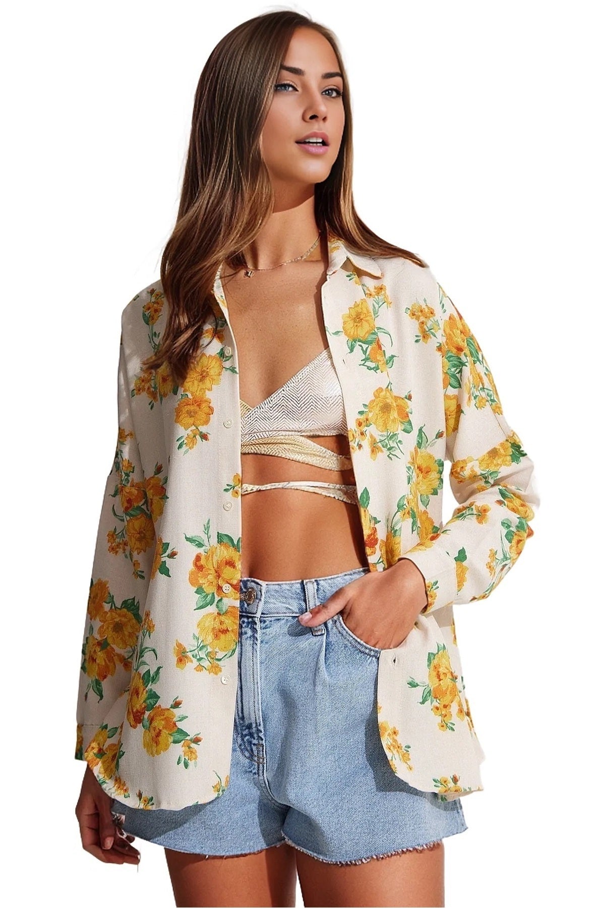 Emilia Women's Linen-Viscose Blend Oversized Printed Shirt - Bright Yellow Floral