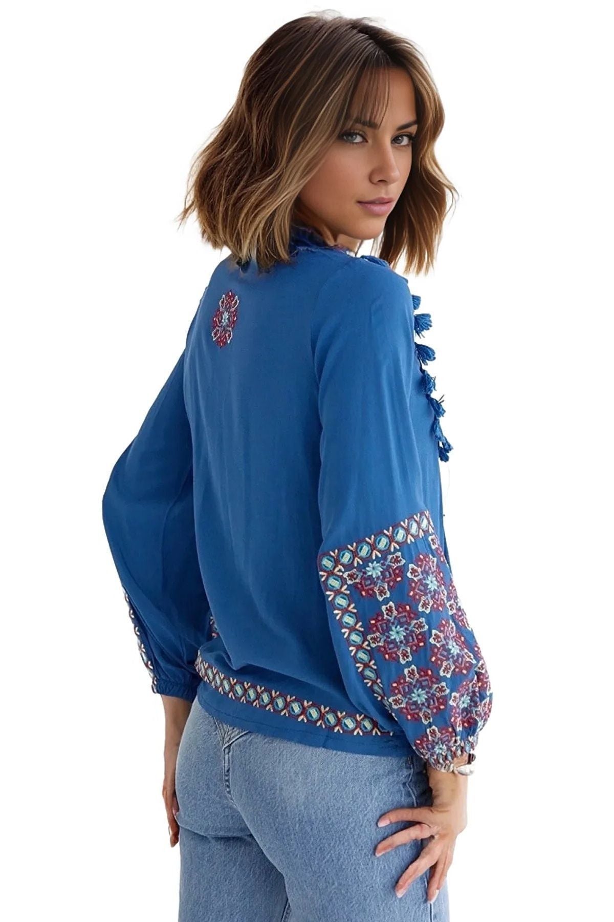 Arabella Women's Boho Embroidered Blouse - Blue