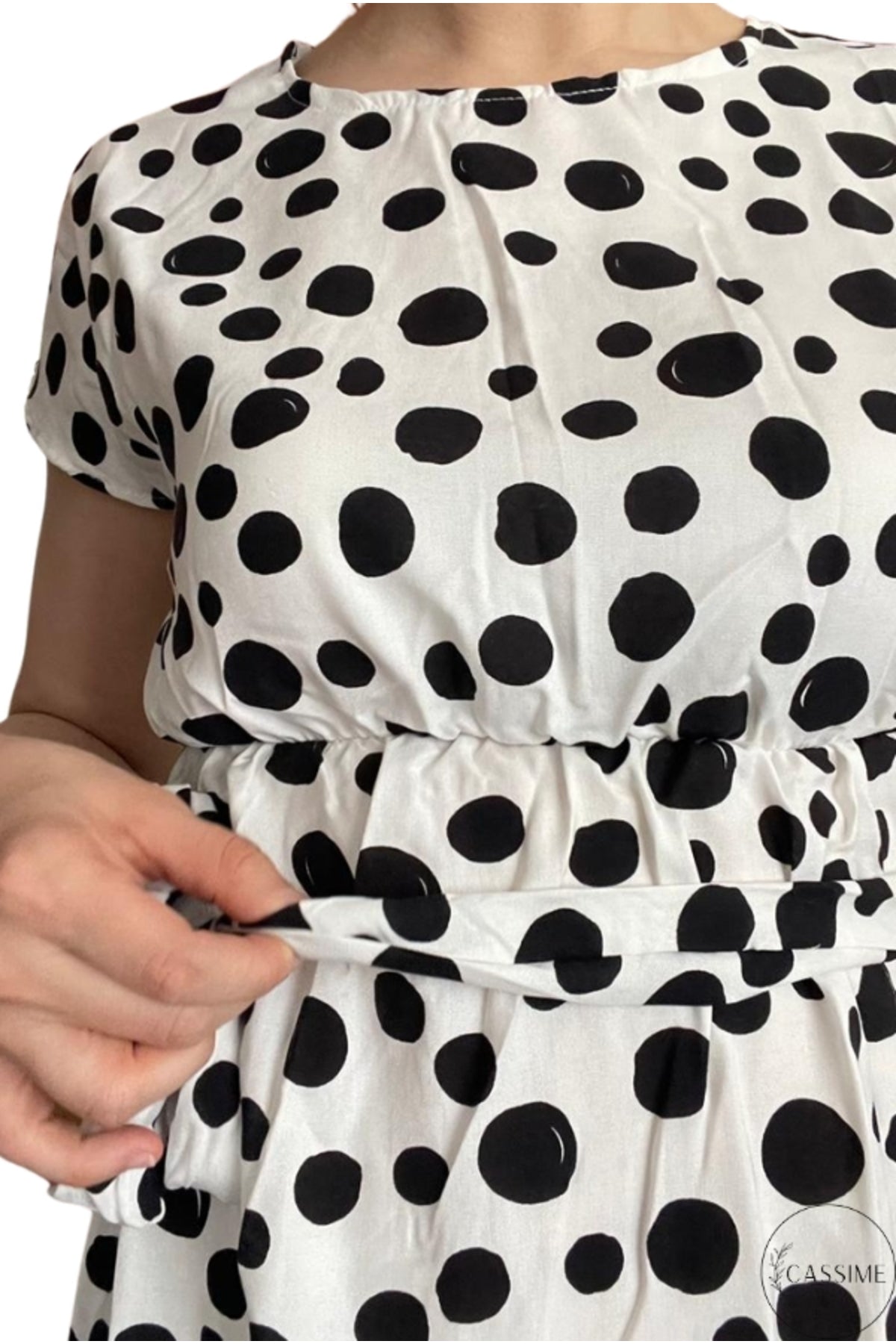 Audrey Women's Viscose Belted Midi Dress - Black Polka Dot