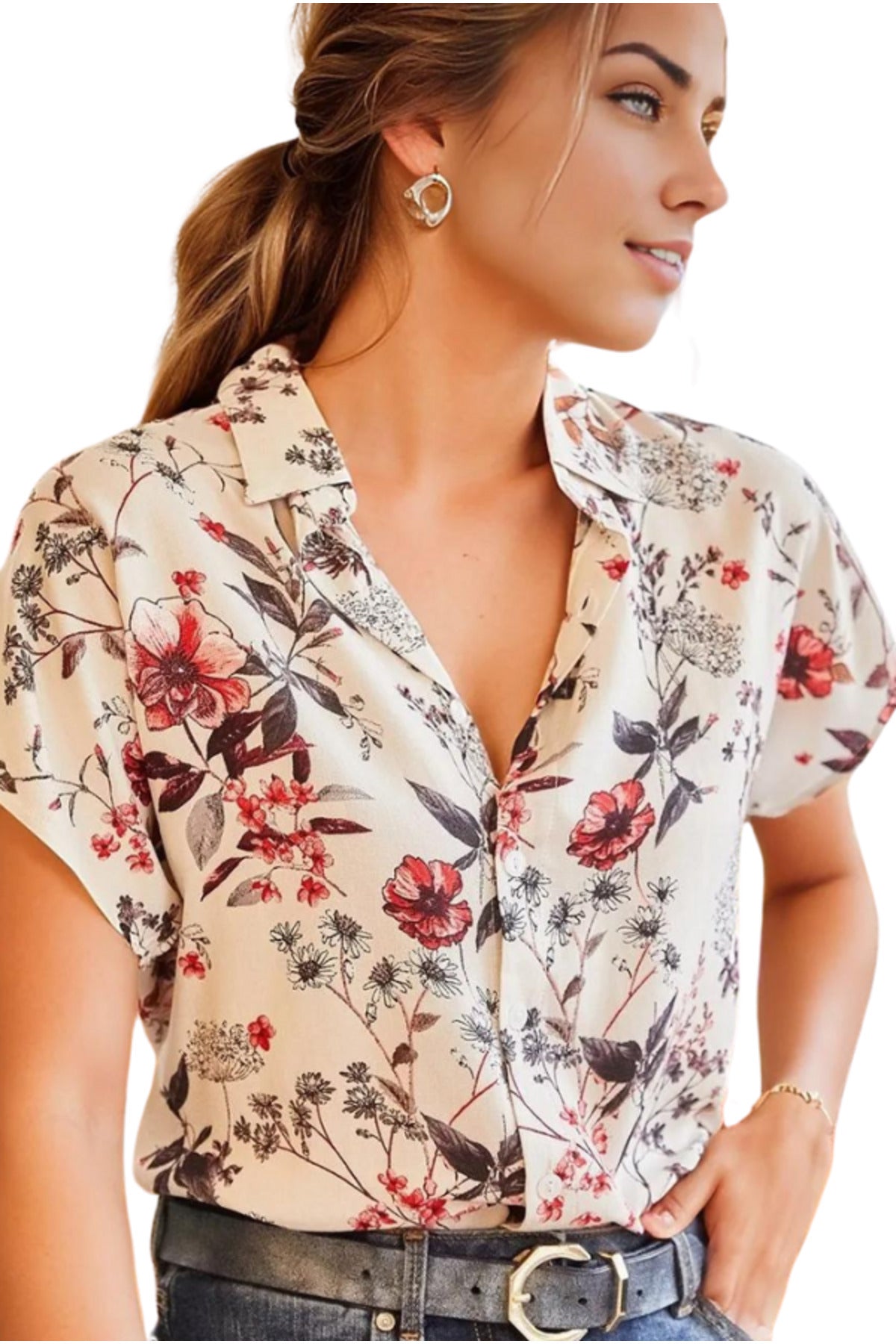 Charlotte Women's Short Sleeve Batwing Shirt - Red Floral