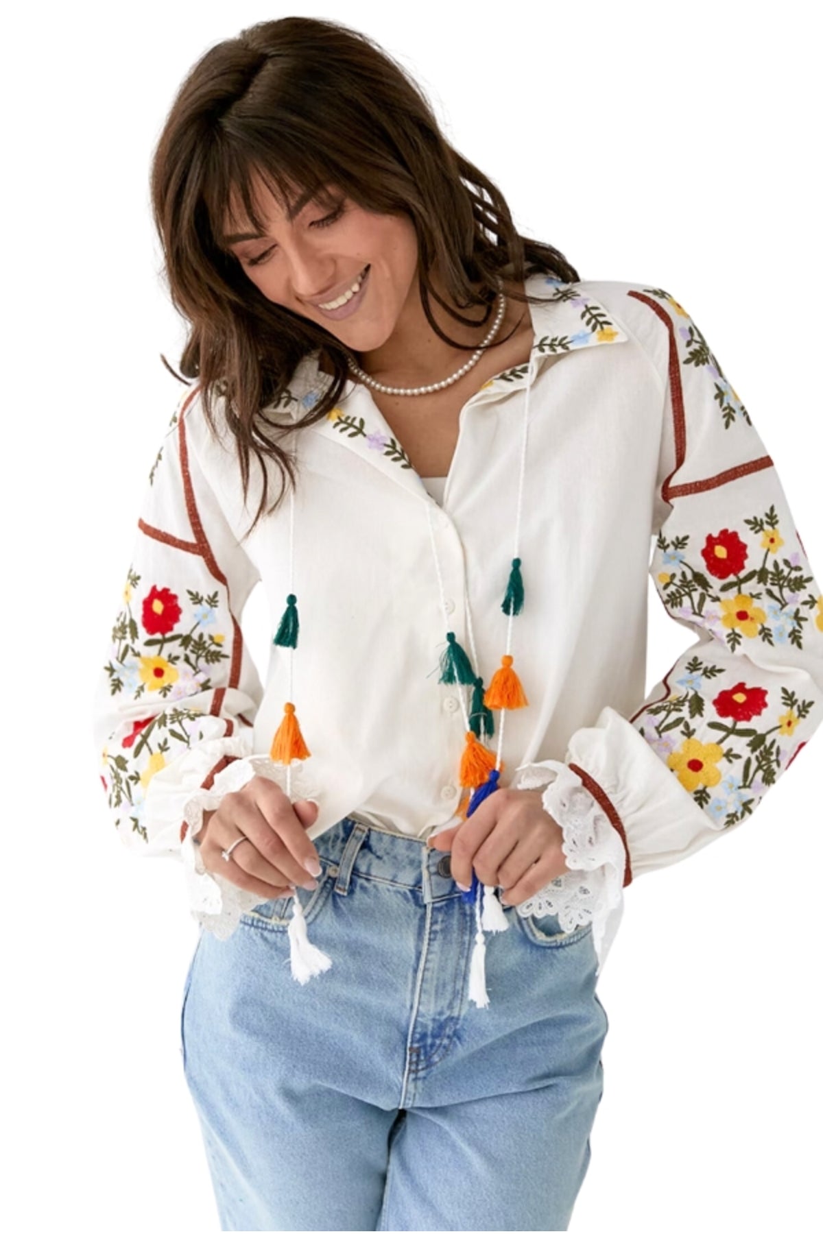 Addison Women's Cotton Vintage Inspired Floral Embroidered Blouse - White