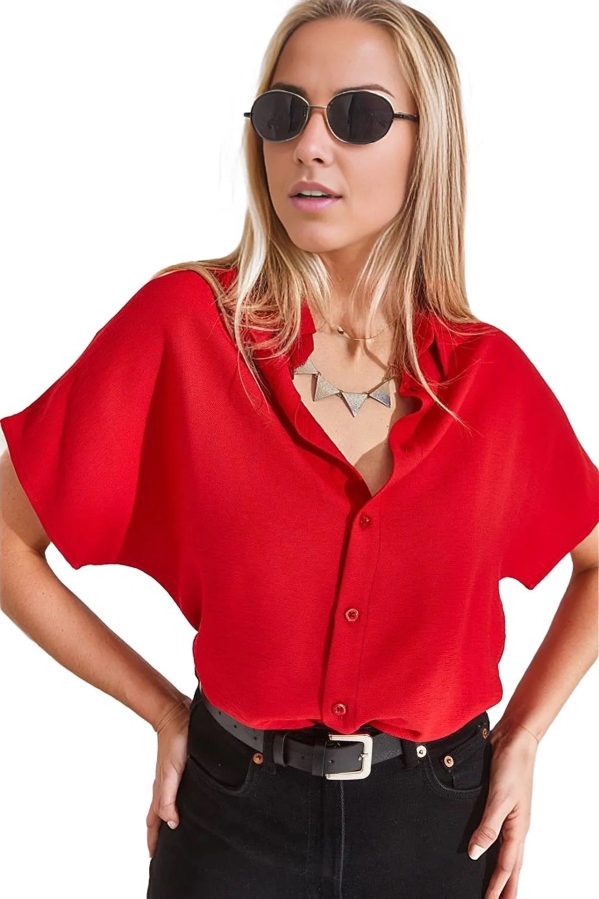 Jocelyn Women's Linen-Viscose Blend Oversized Short Sleeve Batwing Shirt - Red