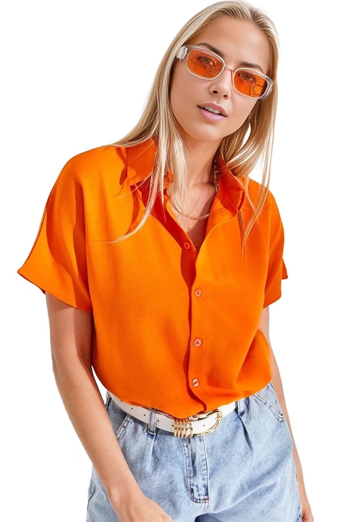 Jocelyn Women's Linen-Viscose Blend Oversized Short Sleeve Batwing Shirt - Orange