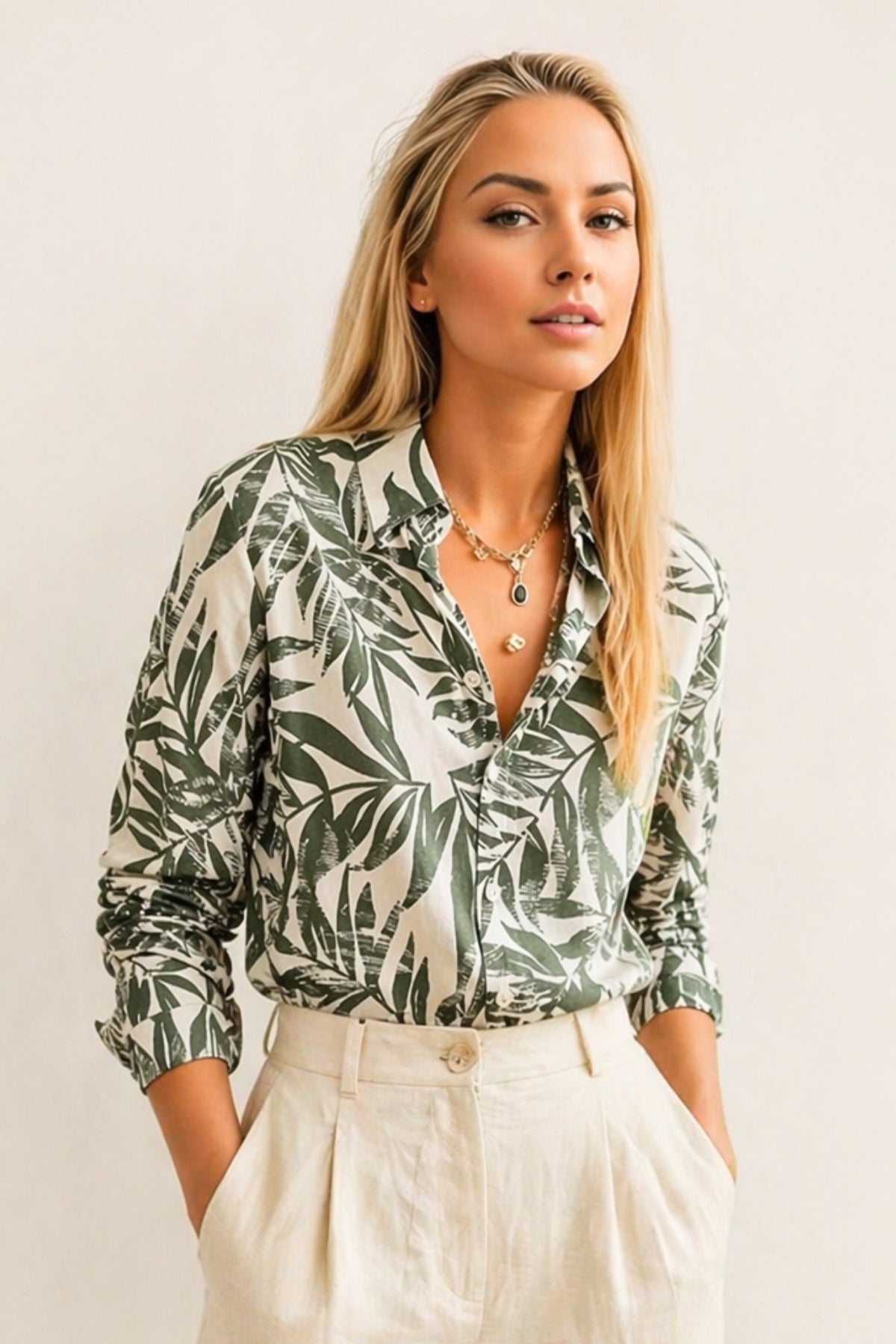 Amelia Women's Viscose Long Sleeve Button-Up Shirt - Green Leaf Print
