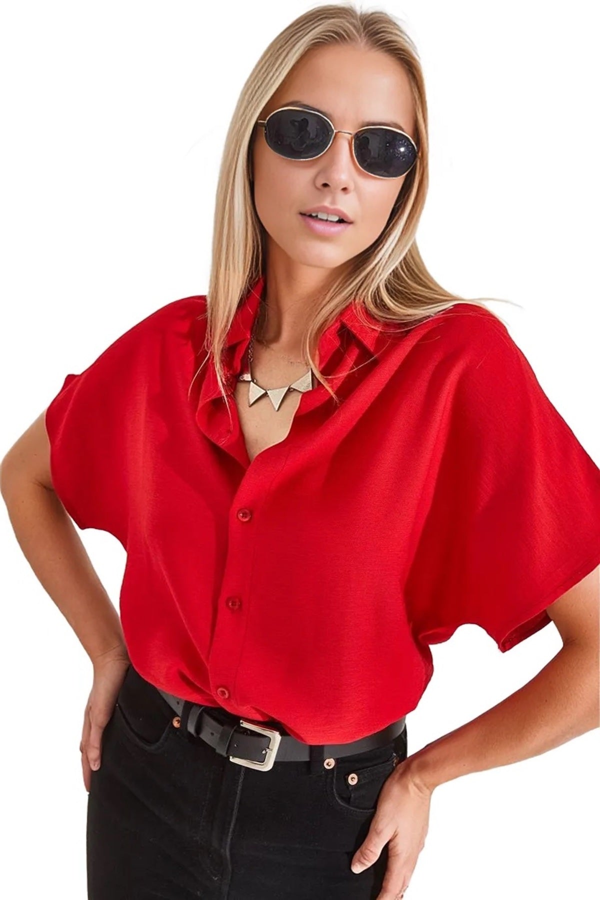 Jocelyn Women's Linen-Viscose Blend Oversized Short Sleeve Batwing Shirt - Red