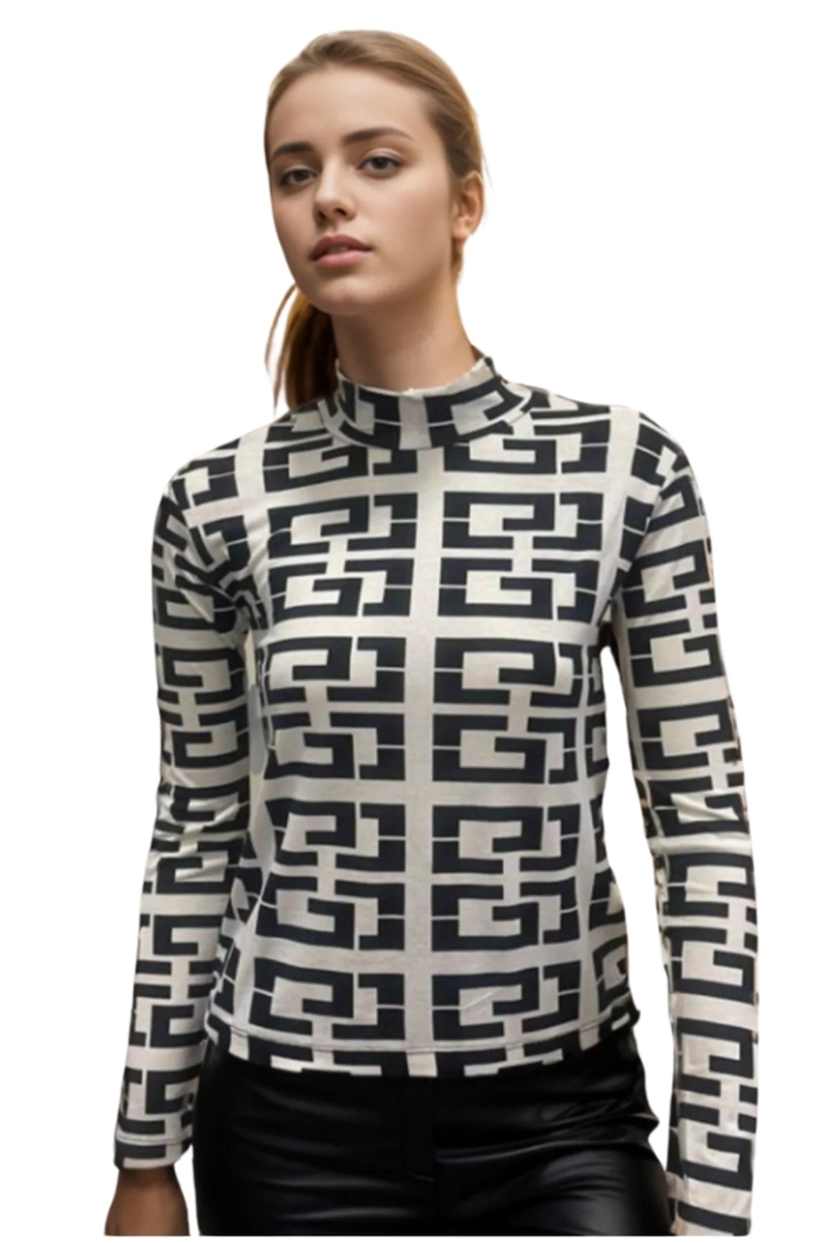 Sarah Women's Printed Slim Fit Long Sleeve Blouse - Black and White
