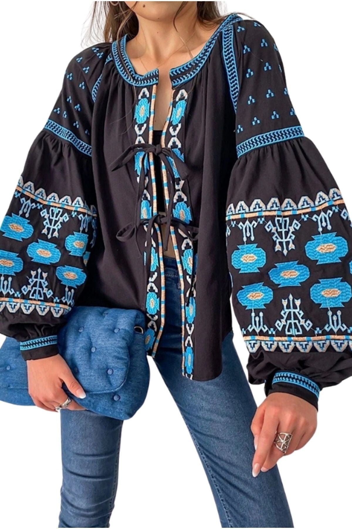 Vivian Women's Vintage Inspired Embroidered Jacket - Black with White Embroidery