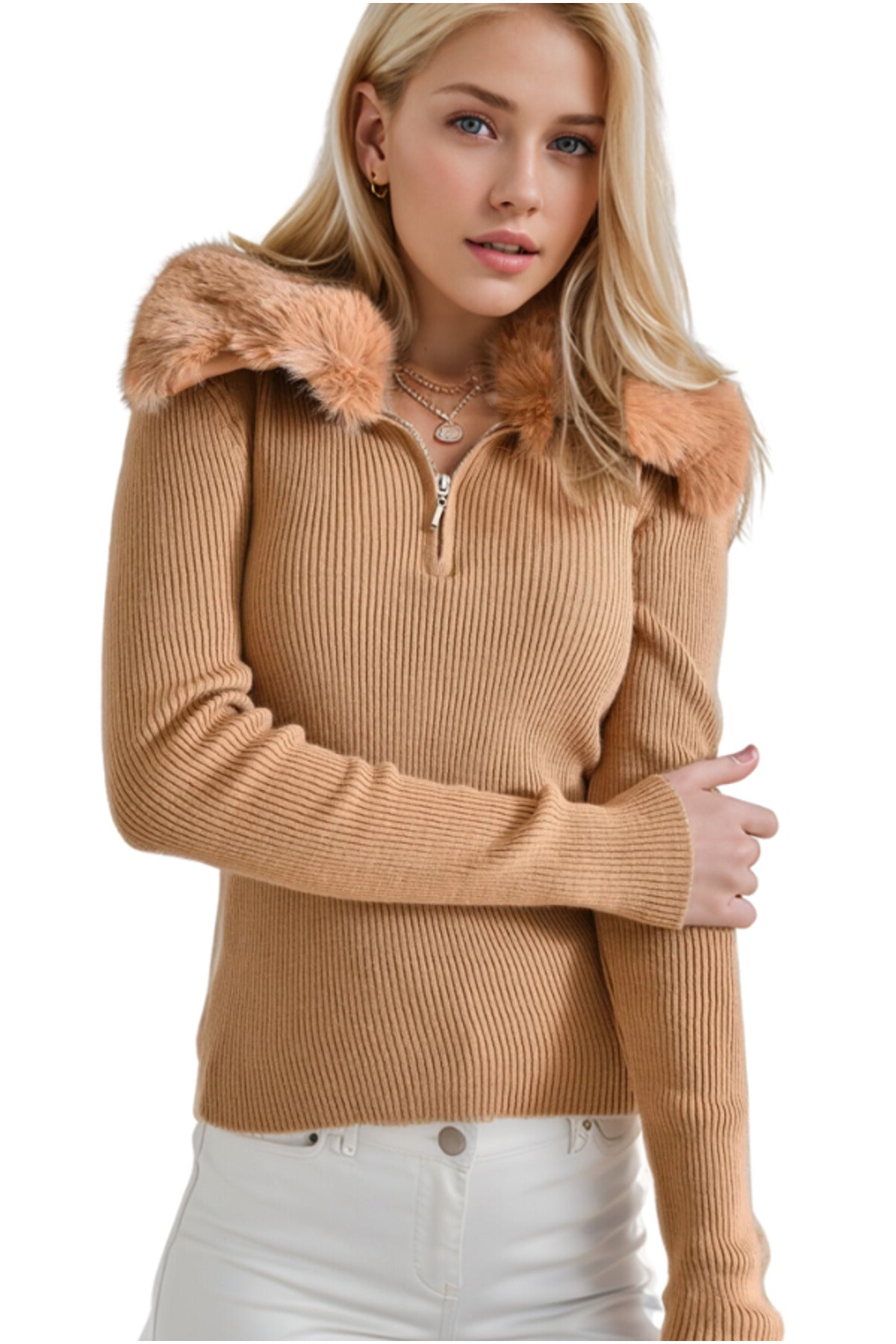 Lila Women's Fur-Trim Collar Zip Knit Sweater - Brown