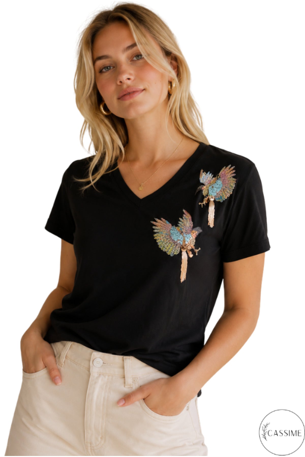 Olivia Women's Cotton Plus Size Embellished V-Neck T-Shirt - Black with Bird Sequins