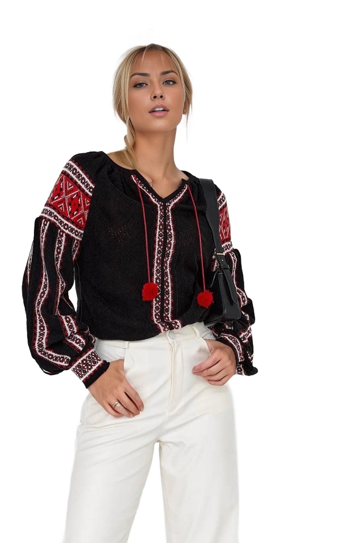 Phoebe Women's V-Neck Tassel Knit Blouse - Black