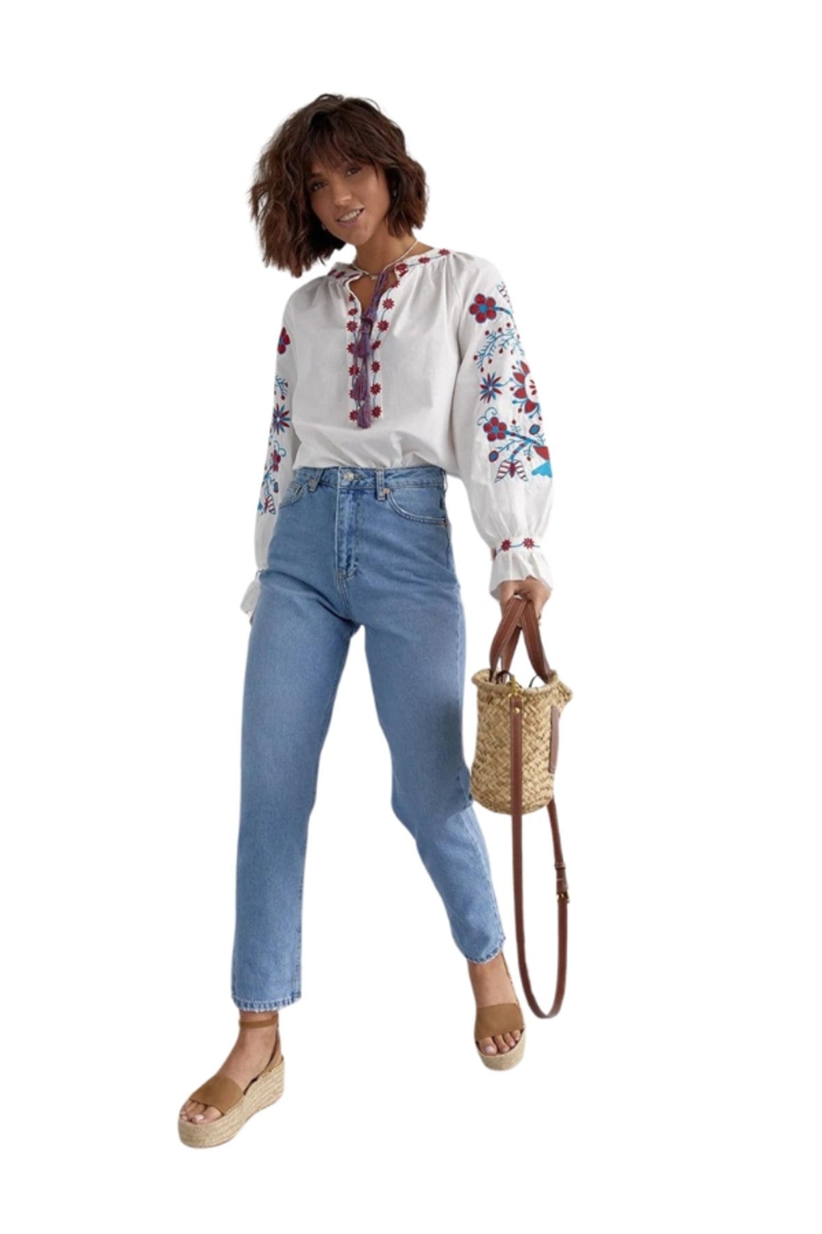 Crystal Women's Cotton Embroidered Long Sleeve Tie Blouse - Blue and Red Floral