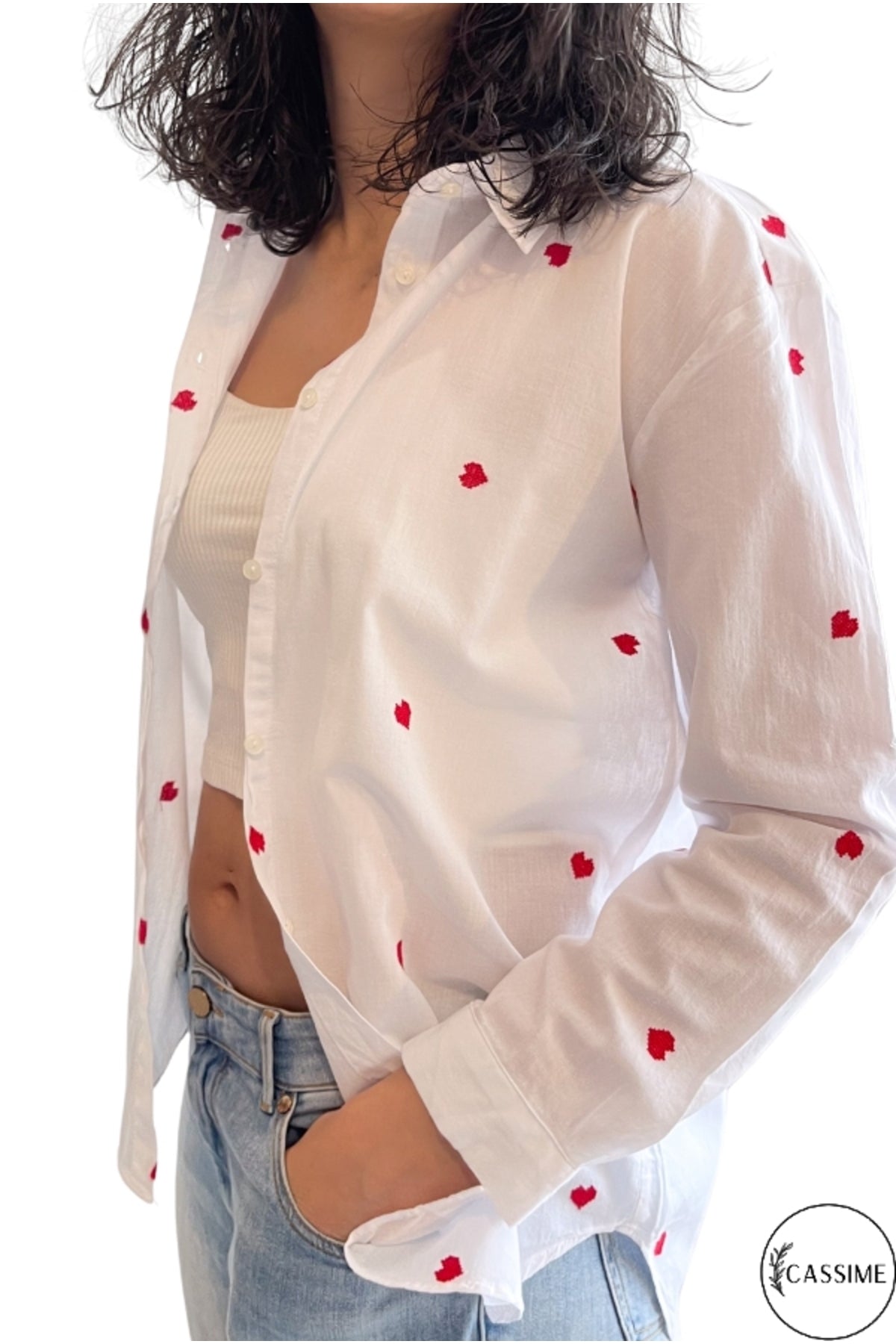 Ella Women's Cotton Embroidered Button-Up Shirt - White with Red Hearts