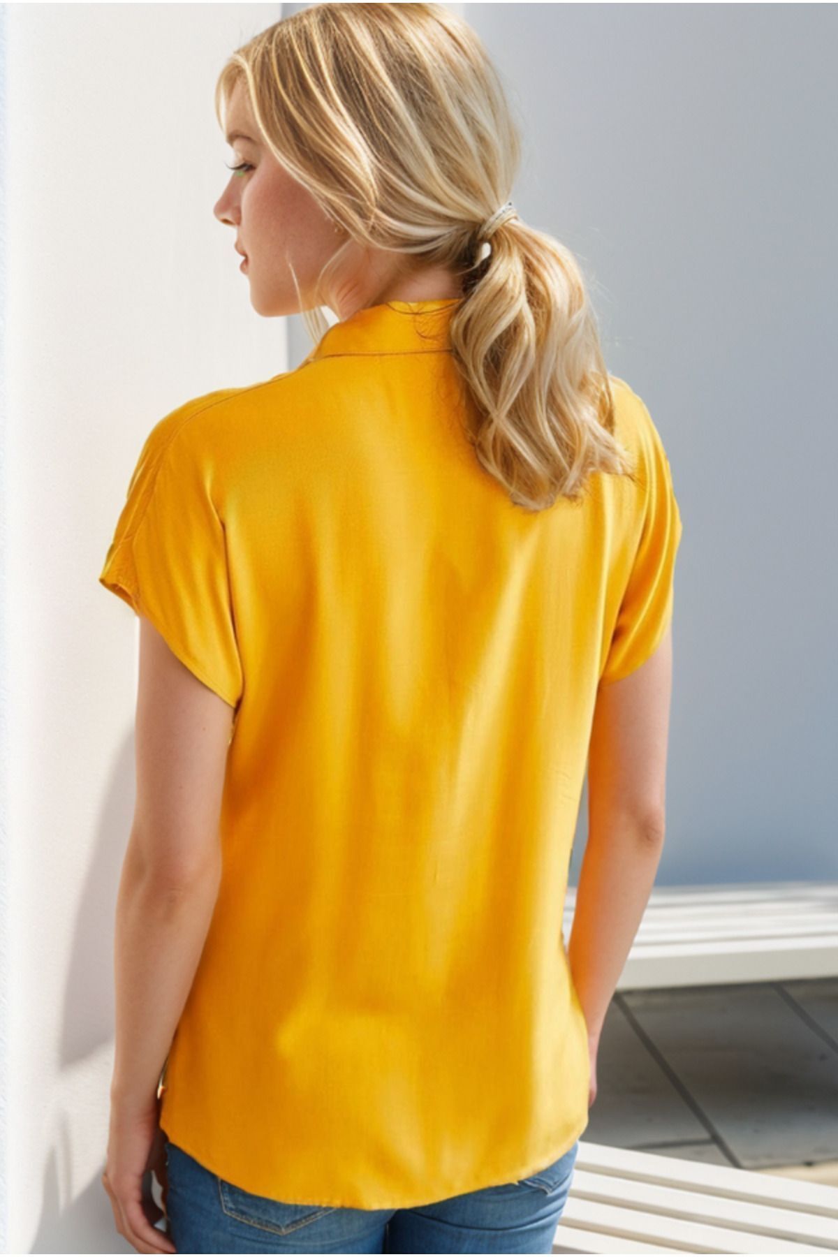 Esme Women's Viscose Short Sleeve Batwing Shirt - Mustard