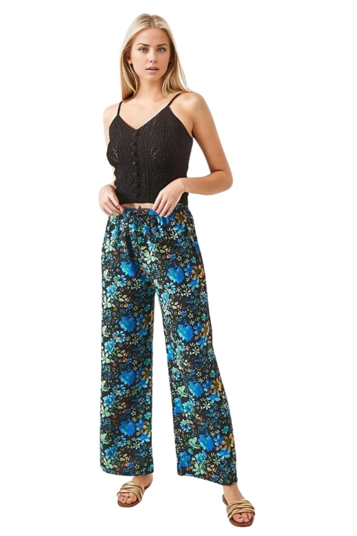 Lucy Women's Linen Blend Wide Leg Palazzo Pants - Black with Blue Floral Print