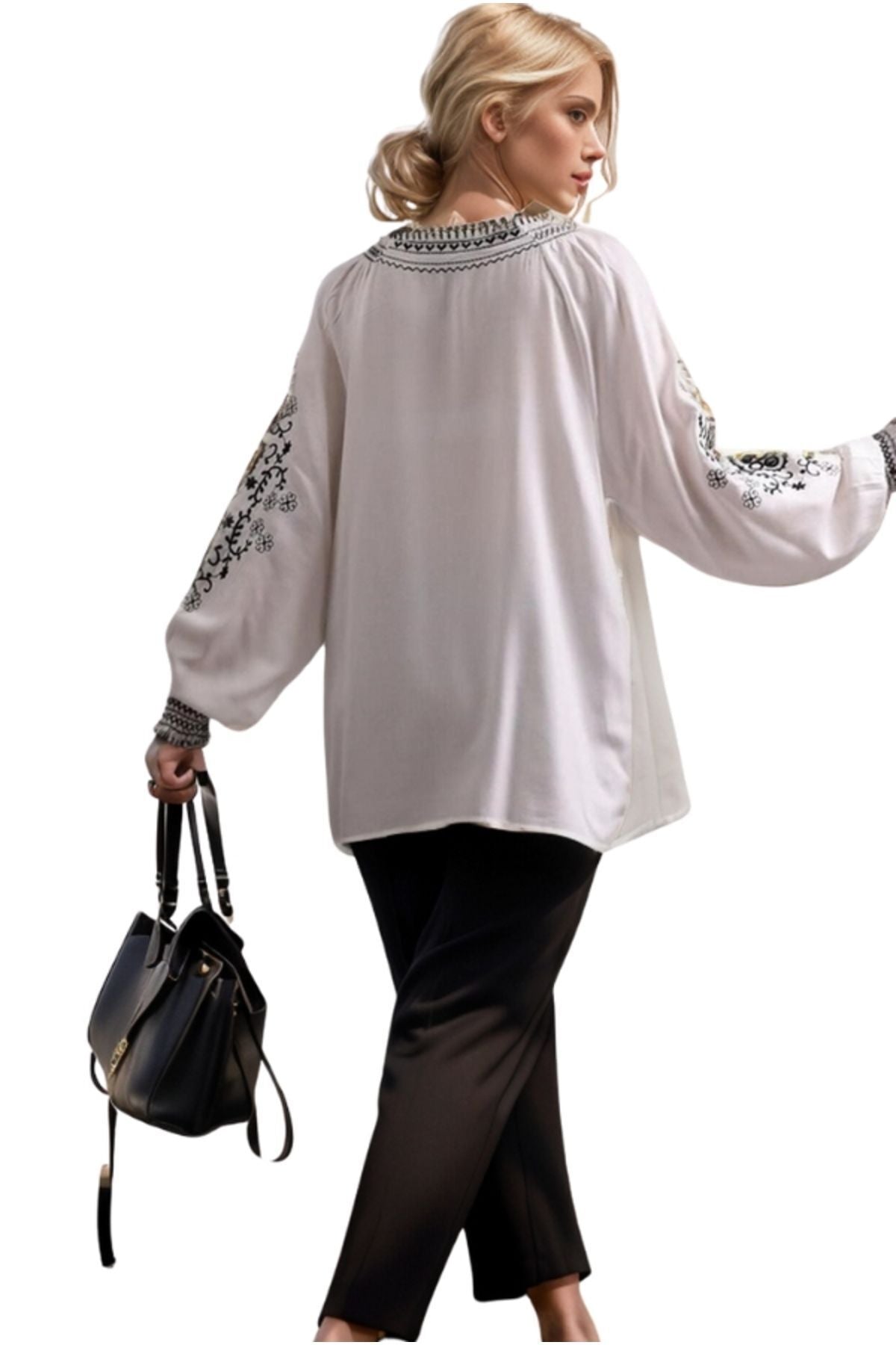 Ashley Women's Cotton Blend Floral Embroidered V-Neck Blouse - White